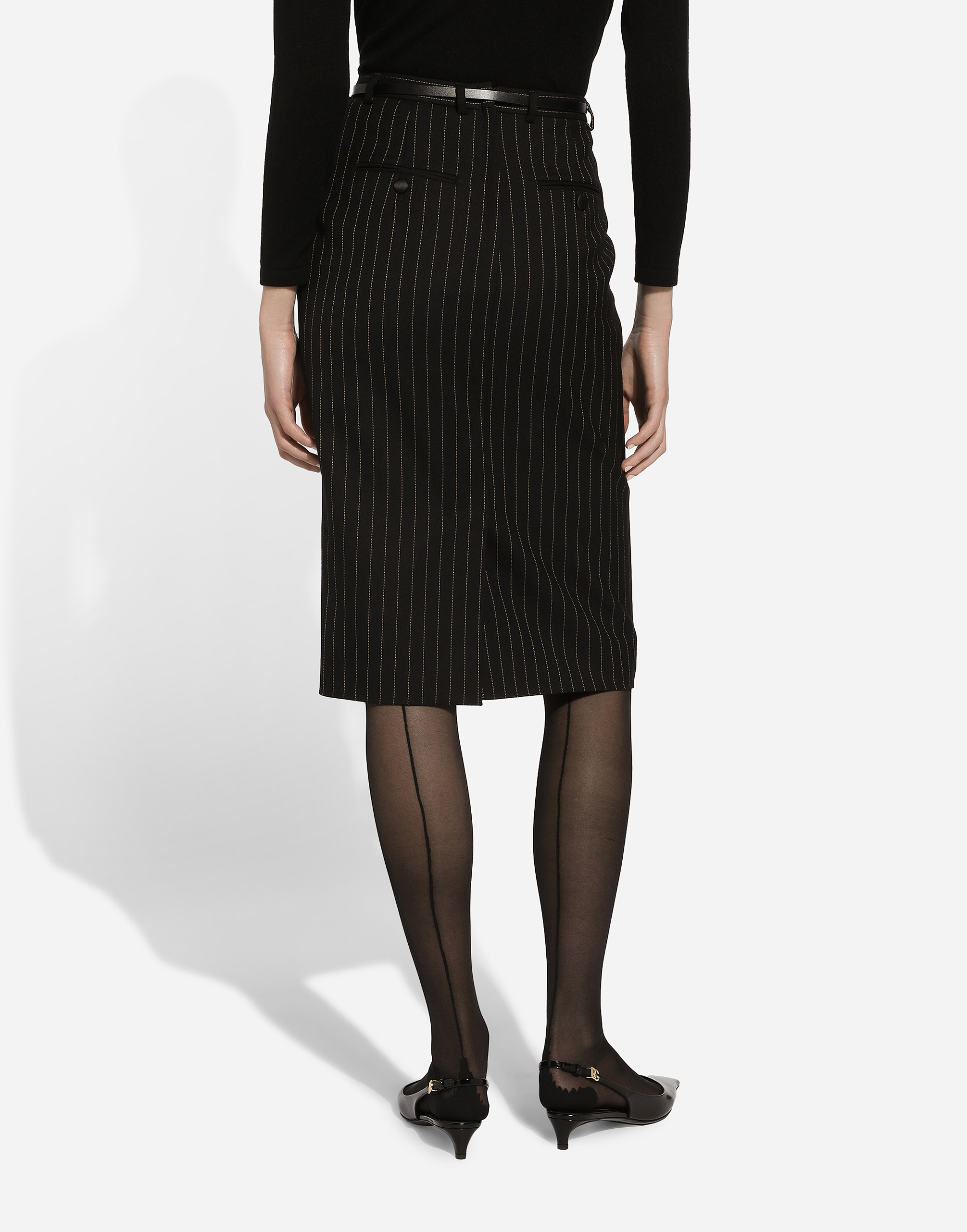 Pinstripe wool calf-length skirt