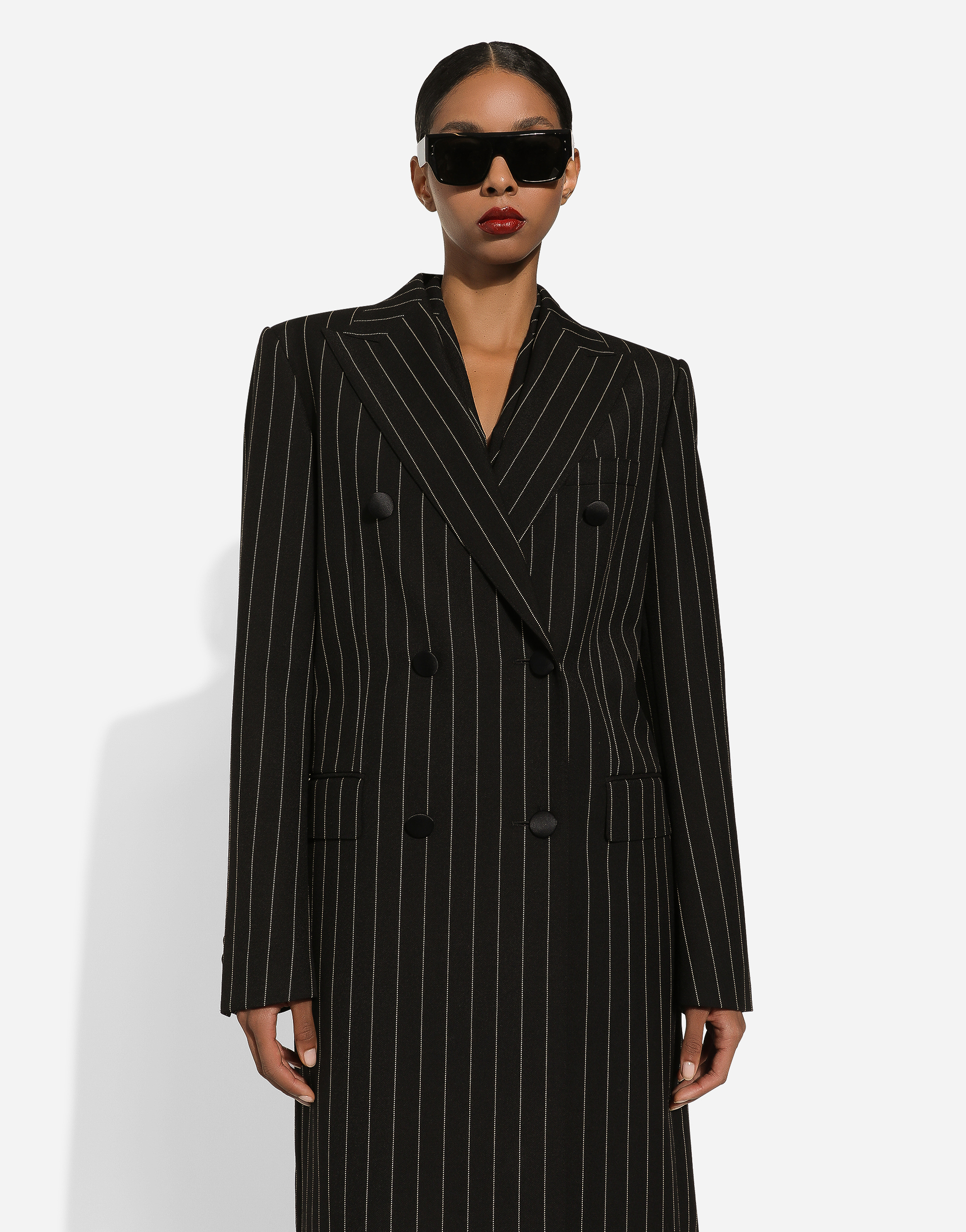 Shop Dolce & Gabbana Pinstripe Double-breasted Coat In Woolen Fabric In Multicolor