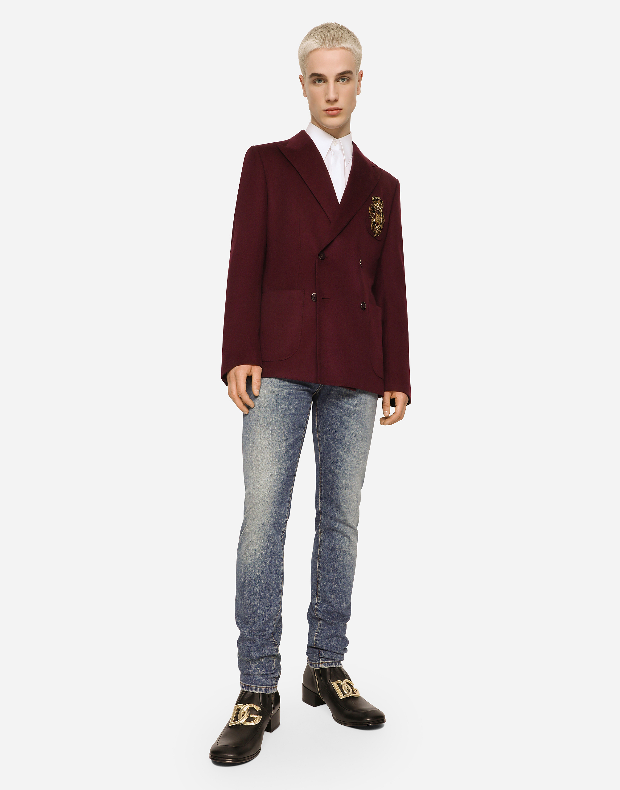 Shop Dolce & Gabbana Double-breasted Wool And Cashmere Jacket With Dg Patch In Multicolor