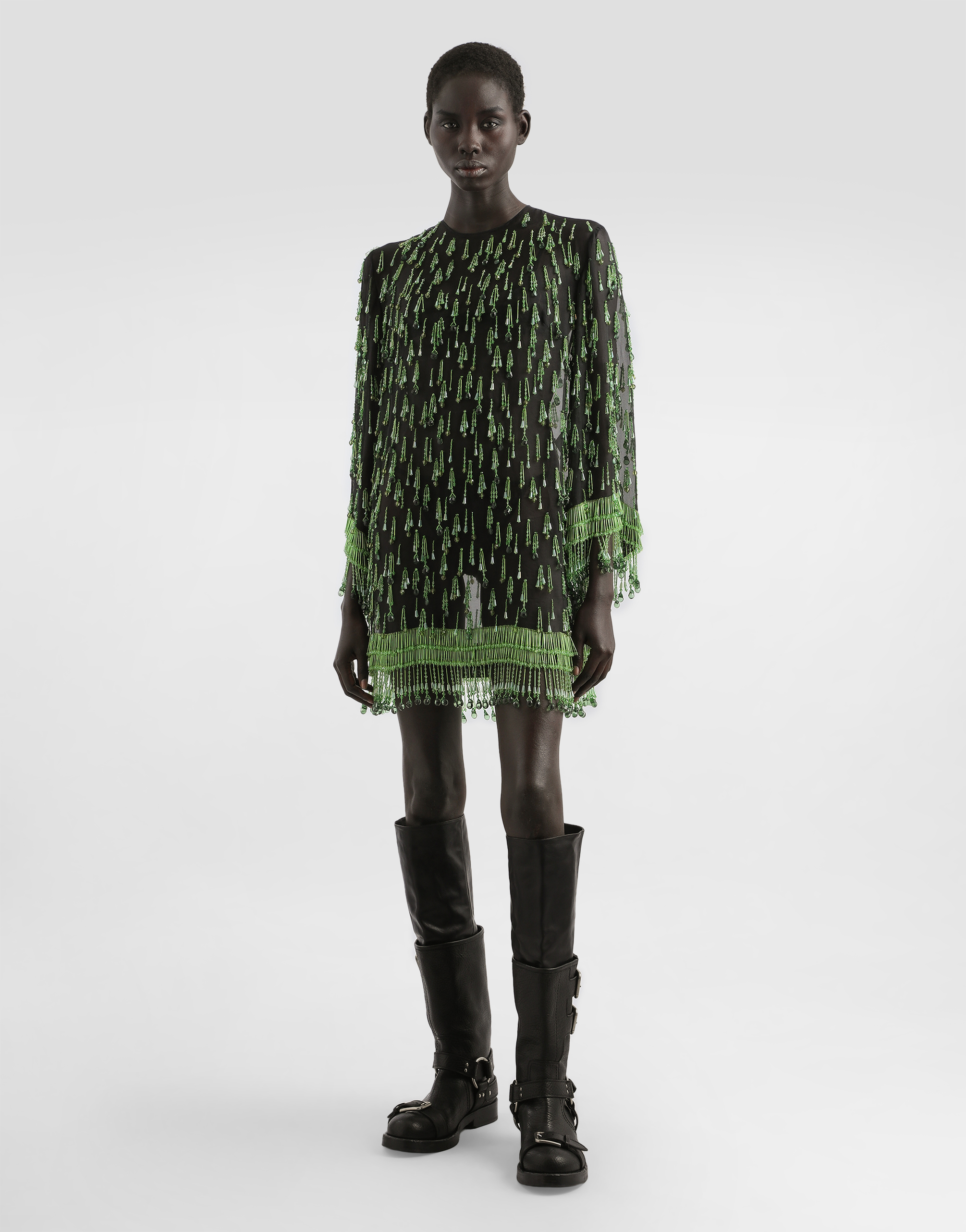 Dolce & Gabbana Short Flared Organza Dress With Embroidery In Green