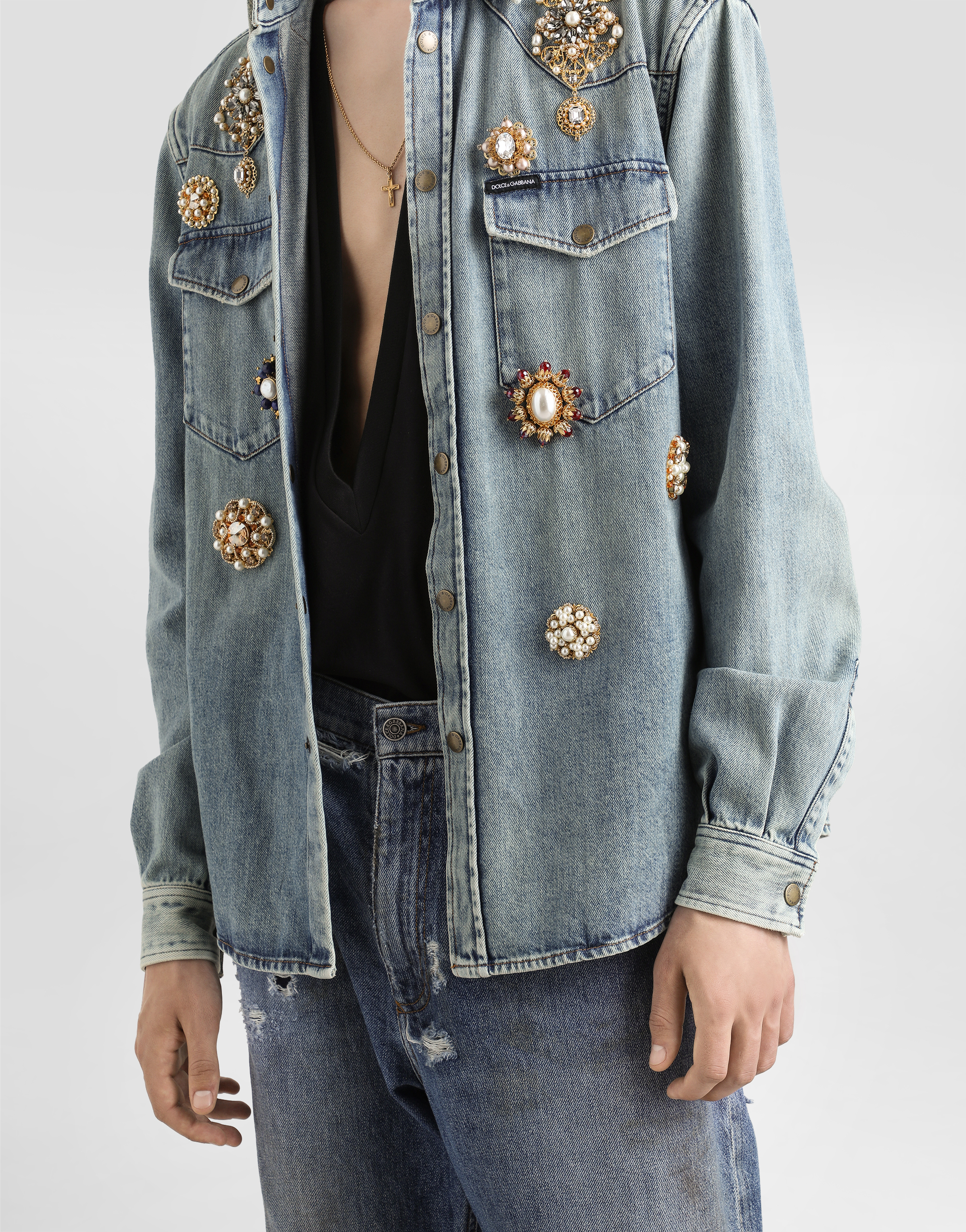 Denim shirt with bejeweled appliqués