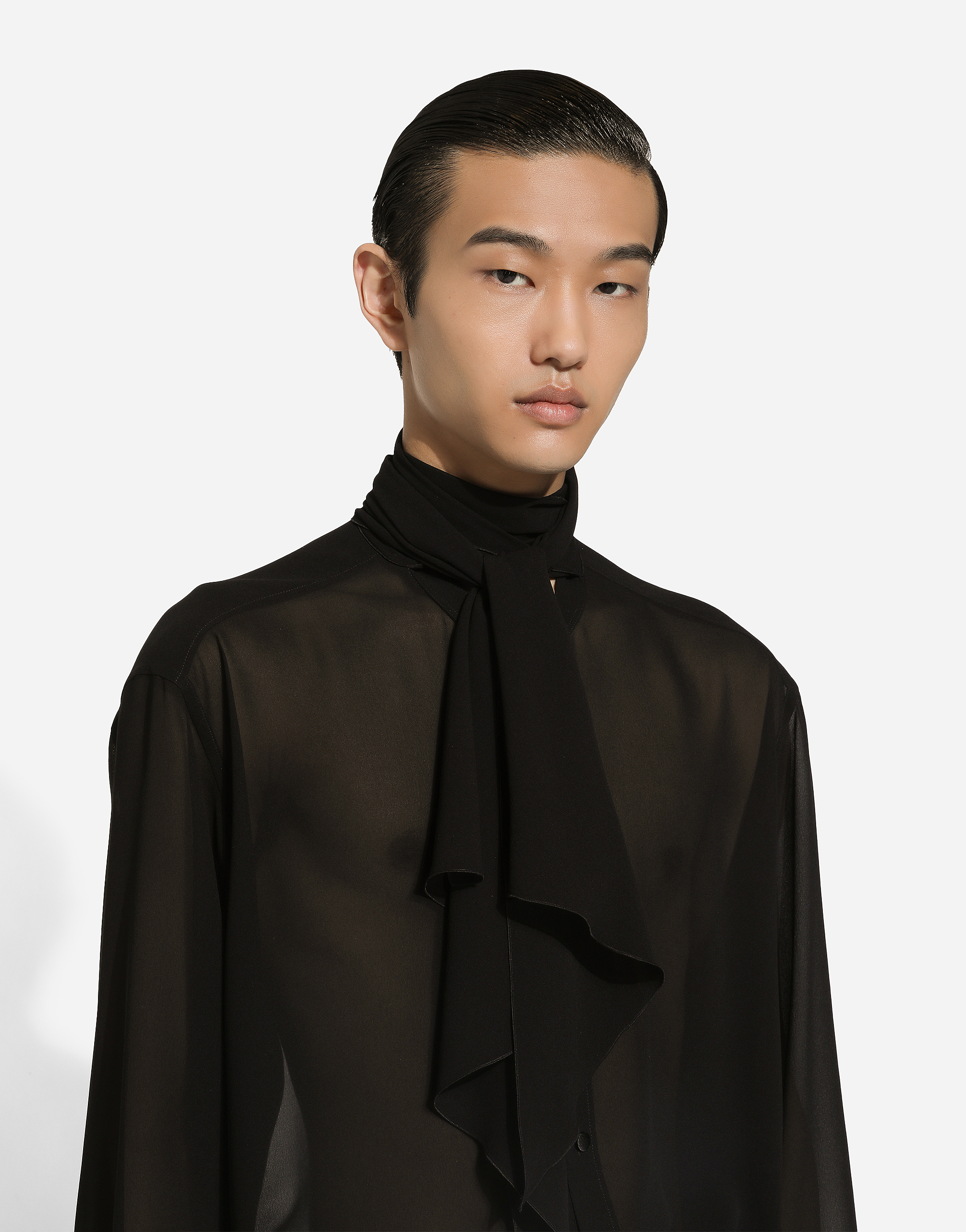 Oversize silk shirt with pussy-bow