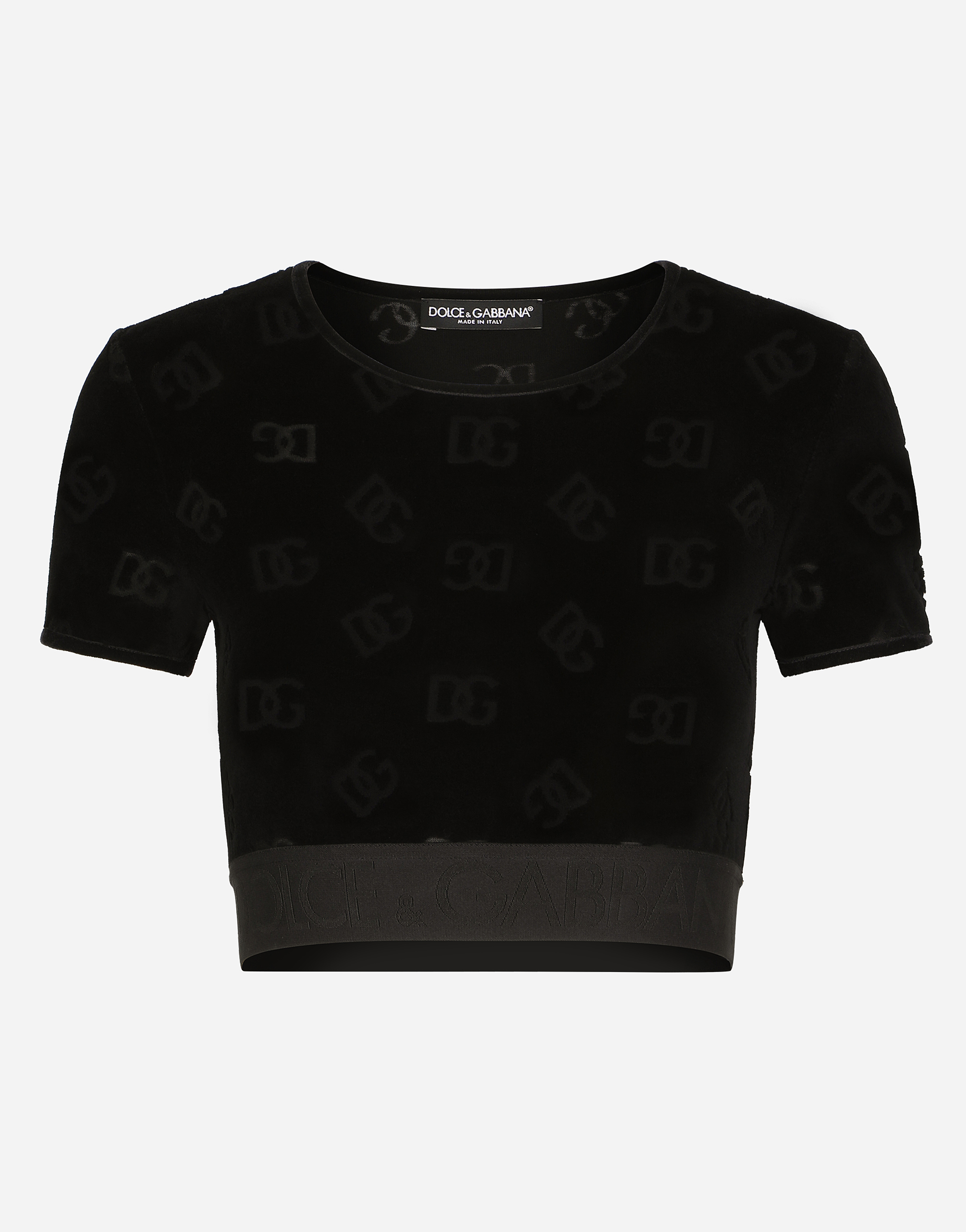 Dolce & Gabbana Flocked Jersey T-shirt With All-over Dg Logo In Black