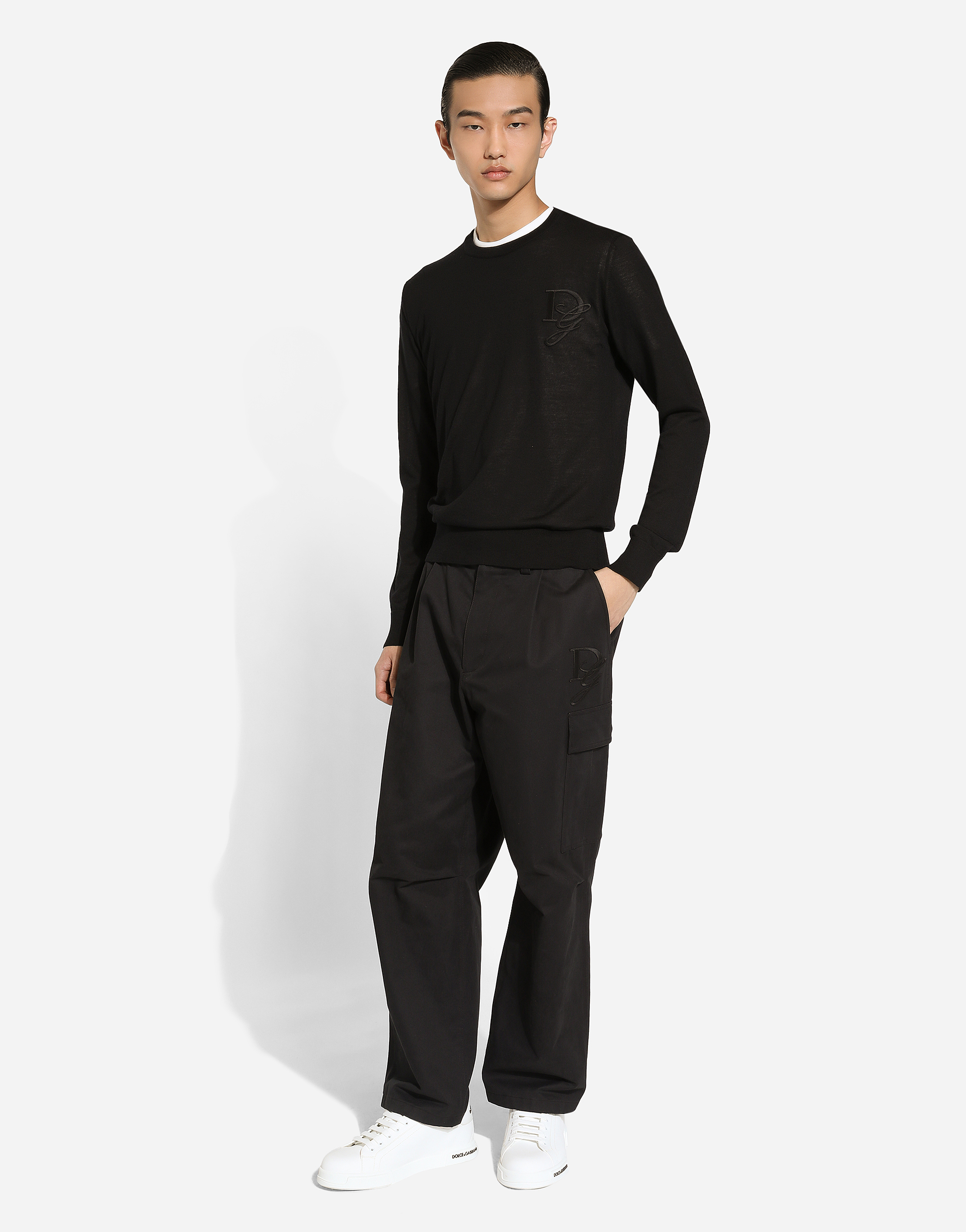 Dolce & Gabbana Cashmere Round-neck Sweater With Dg Embroidery In Black