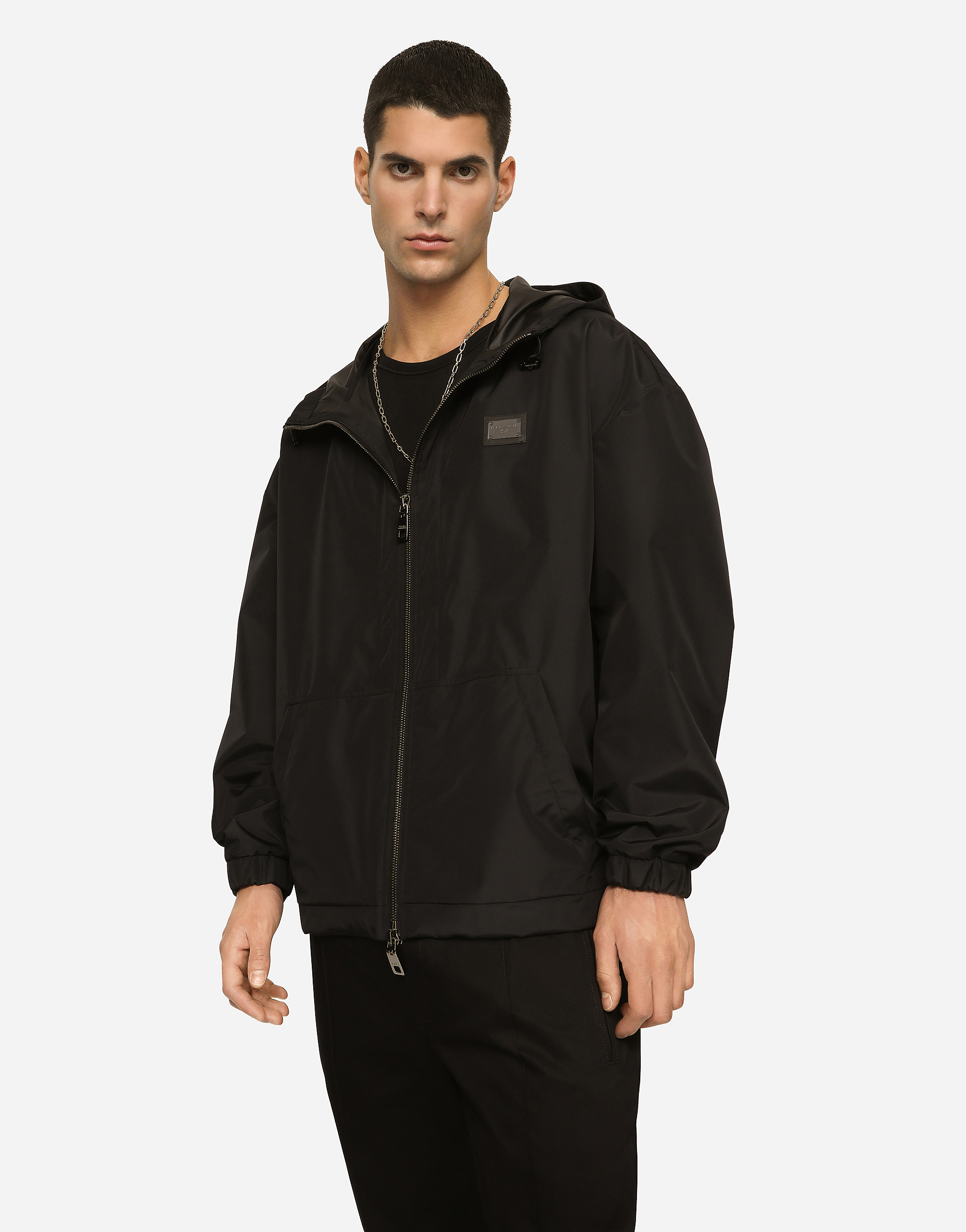 Shop Dolce & Gabbana Nylon Jacket With Hood And Branded Tag In Black