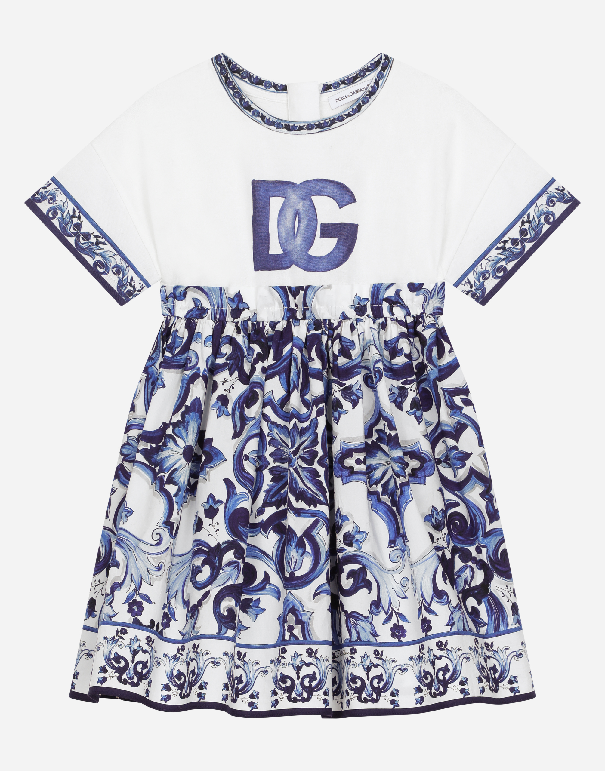 Dolce & Gabbana Kids' Majolica-print Poplin And Jersey Dress In Multicolor