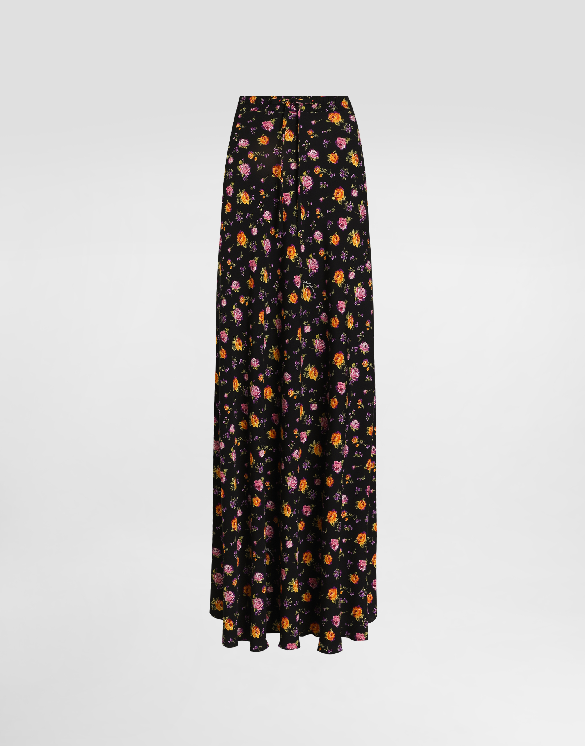 Small rose bouquets-print flared charmeuse skirt in Multicolor for