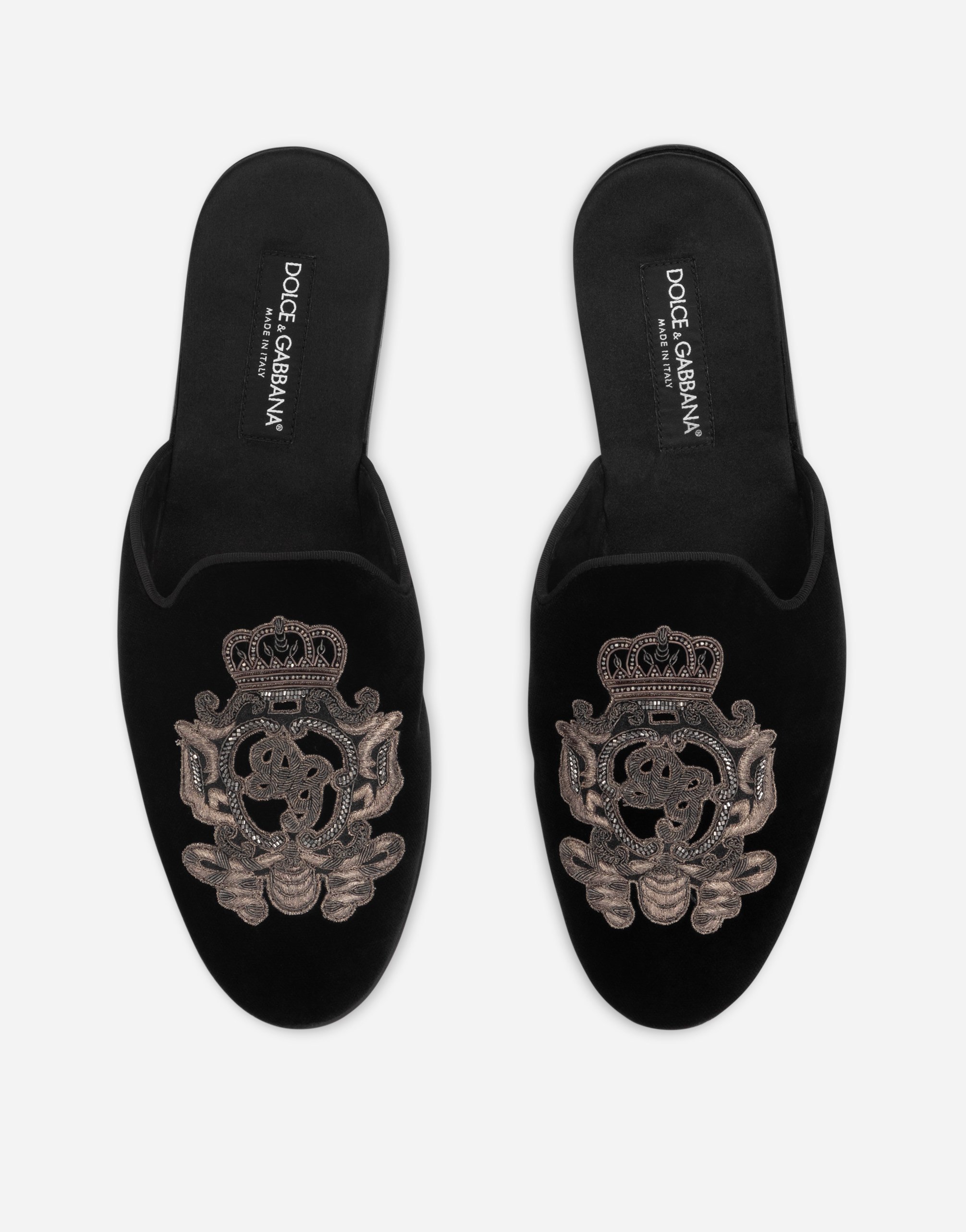 Shop Dolce & Gabbana Velvet Slippers With Coat Of Arms Embroidery In Multicolor
