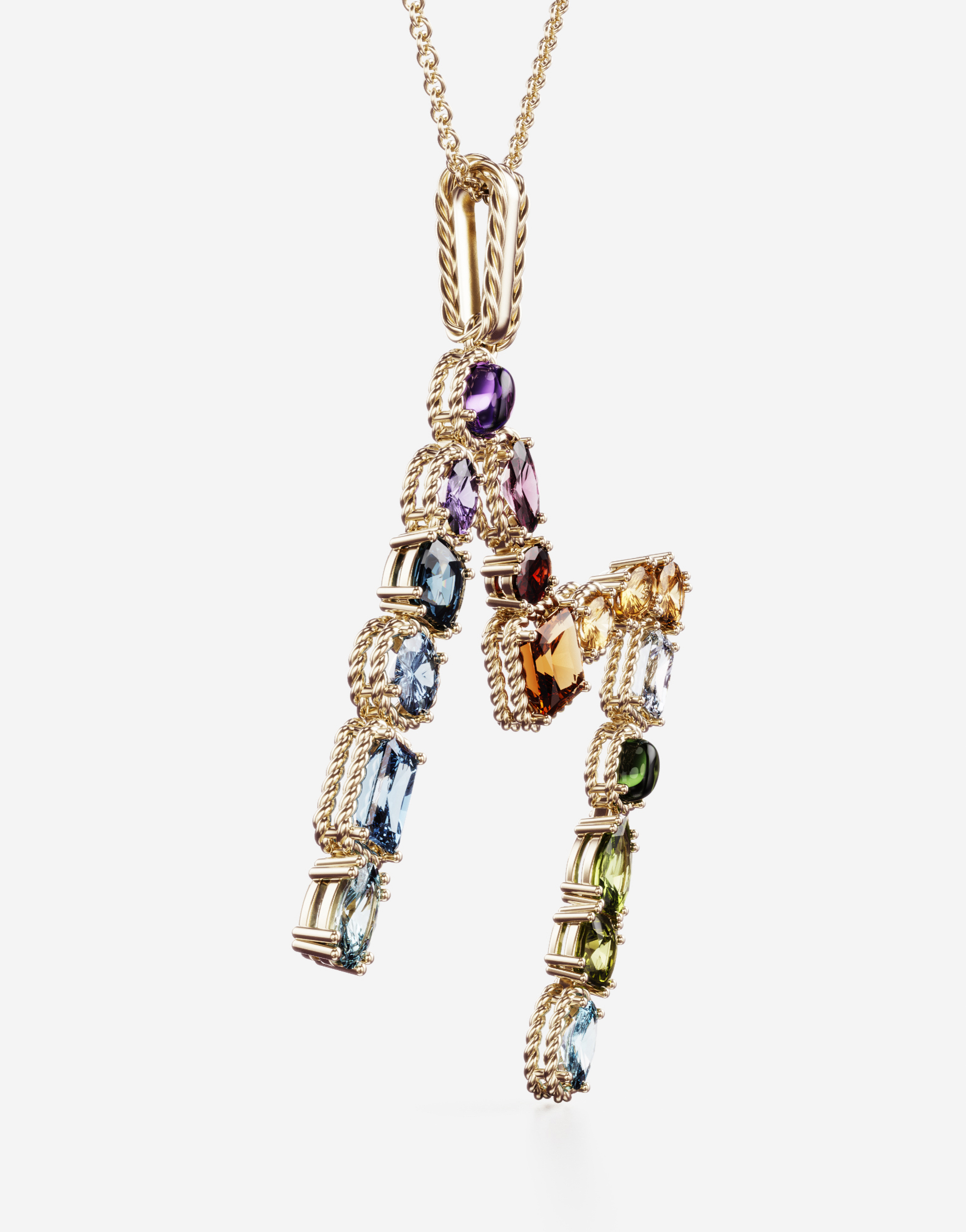 Shop Dolce & Gabbana Rainbow Alphabet M Pendant In Yellow Gold With Multicolor Fine Gems