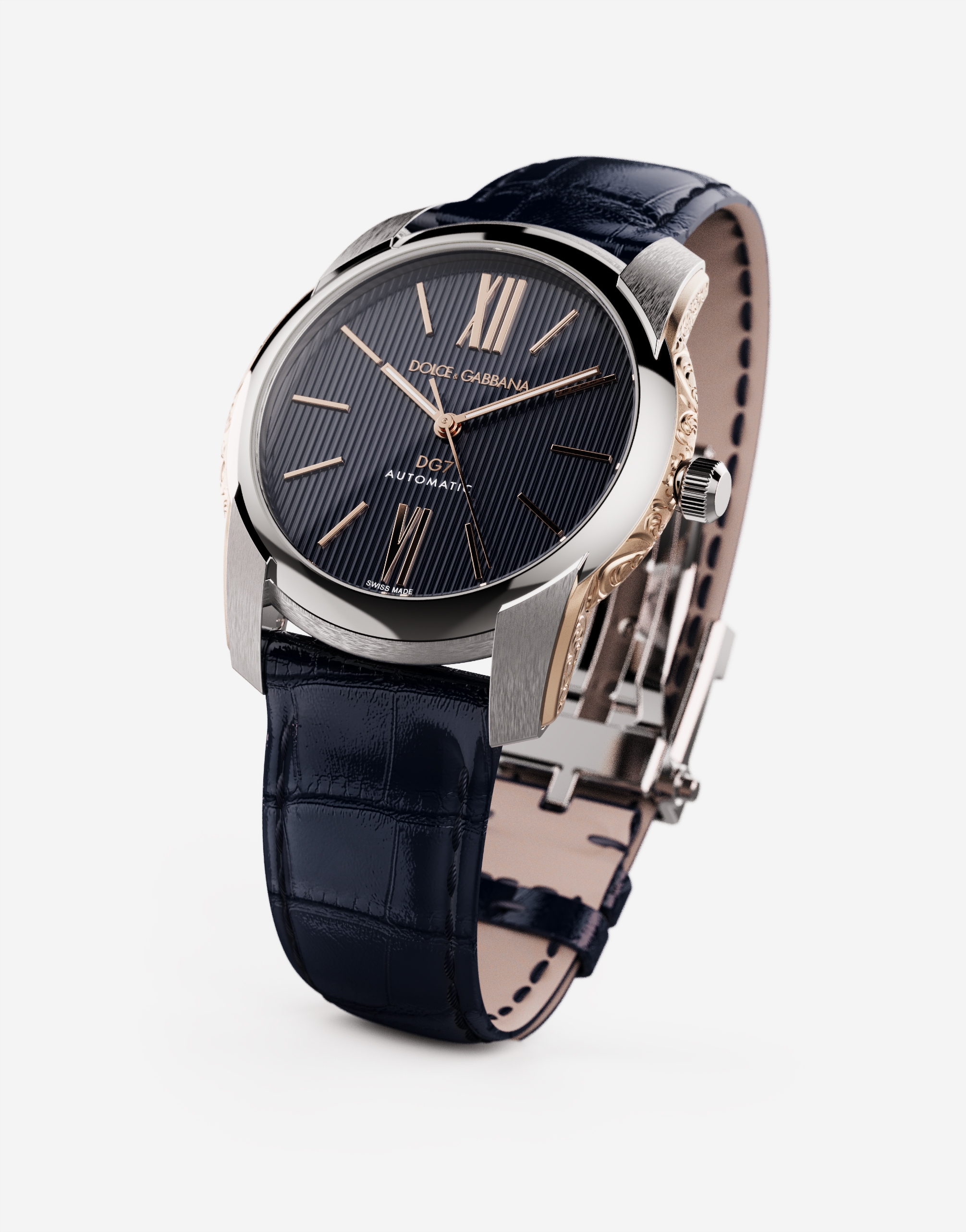 Dolce & Gabbana Dg7 Watch In Steel With Engraved Side Decoration In Gold In Blue