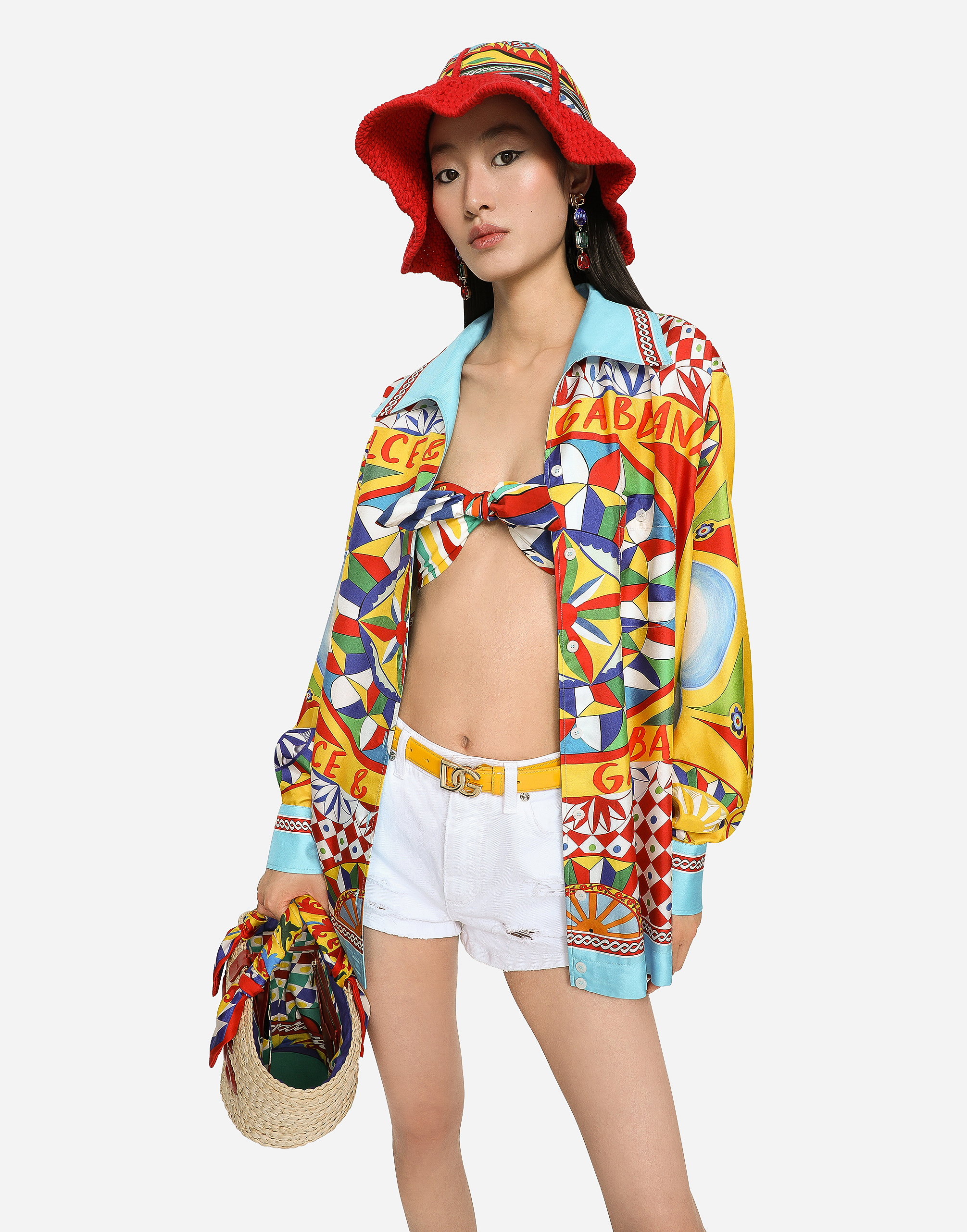 DOLCE & GABBANA CARRETTO-PRINT POPLIN TOP WITH KNOT DETAIL