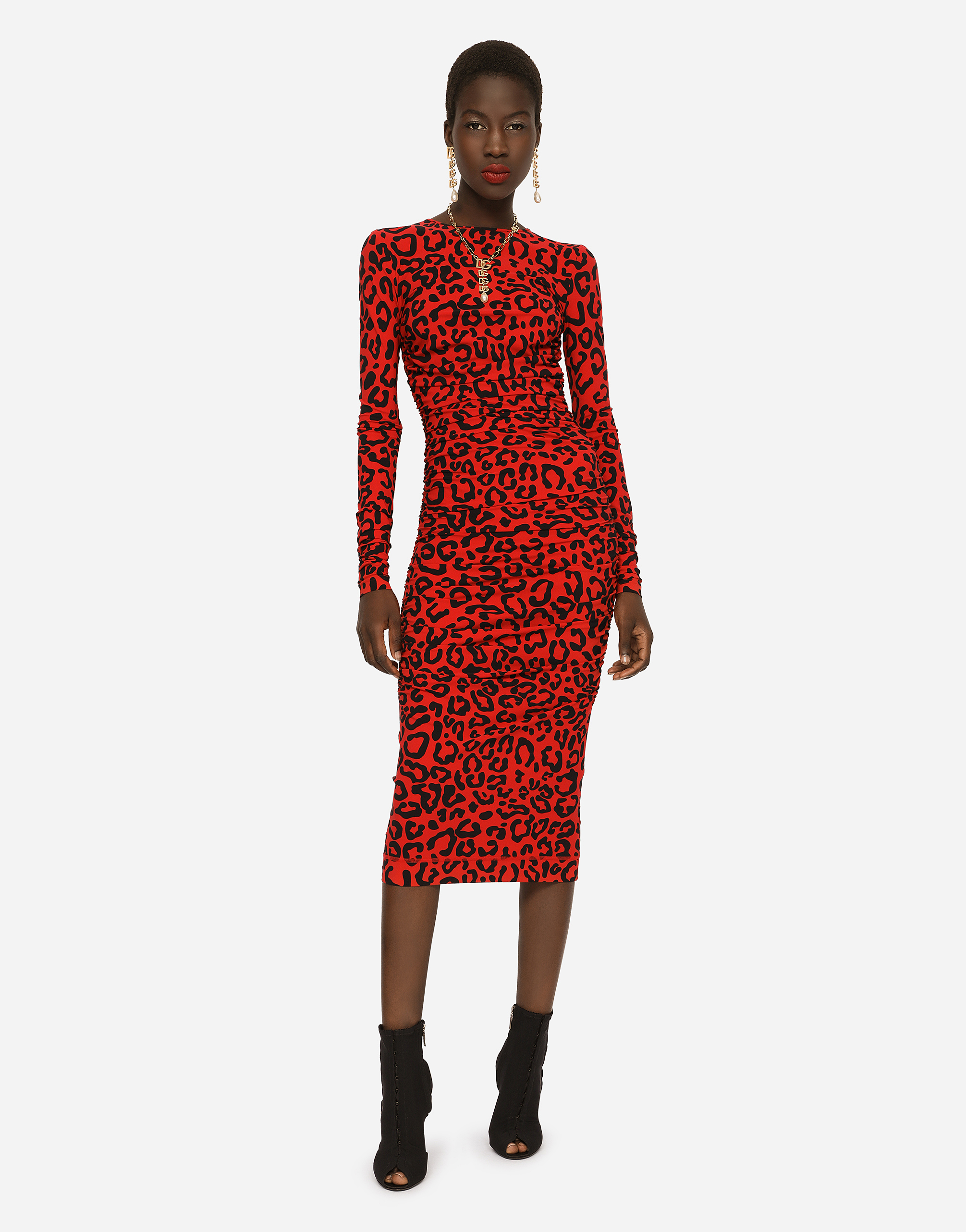 DOLCE & GABBANA LEOPARD-PRINT JERSEY CALF-LENGTH DRESS