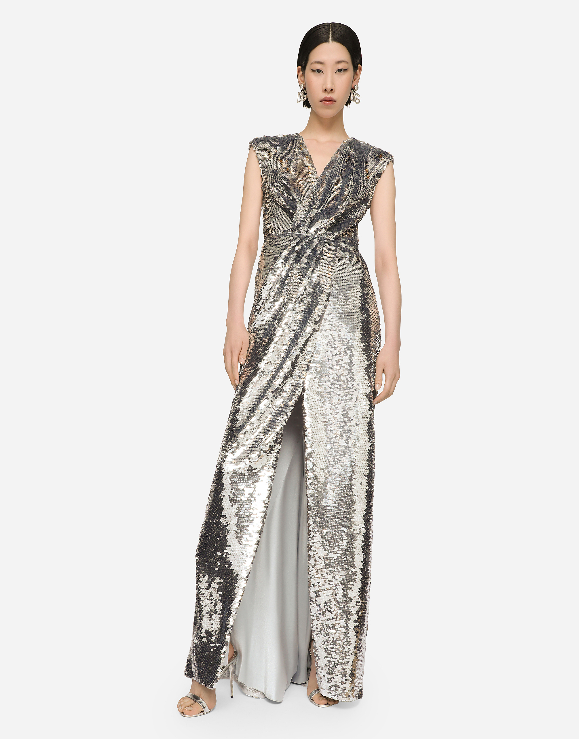 Long sequined dress with draping