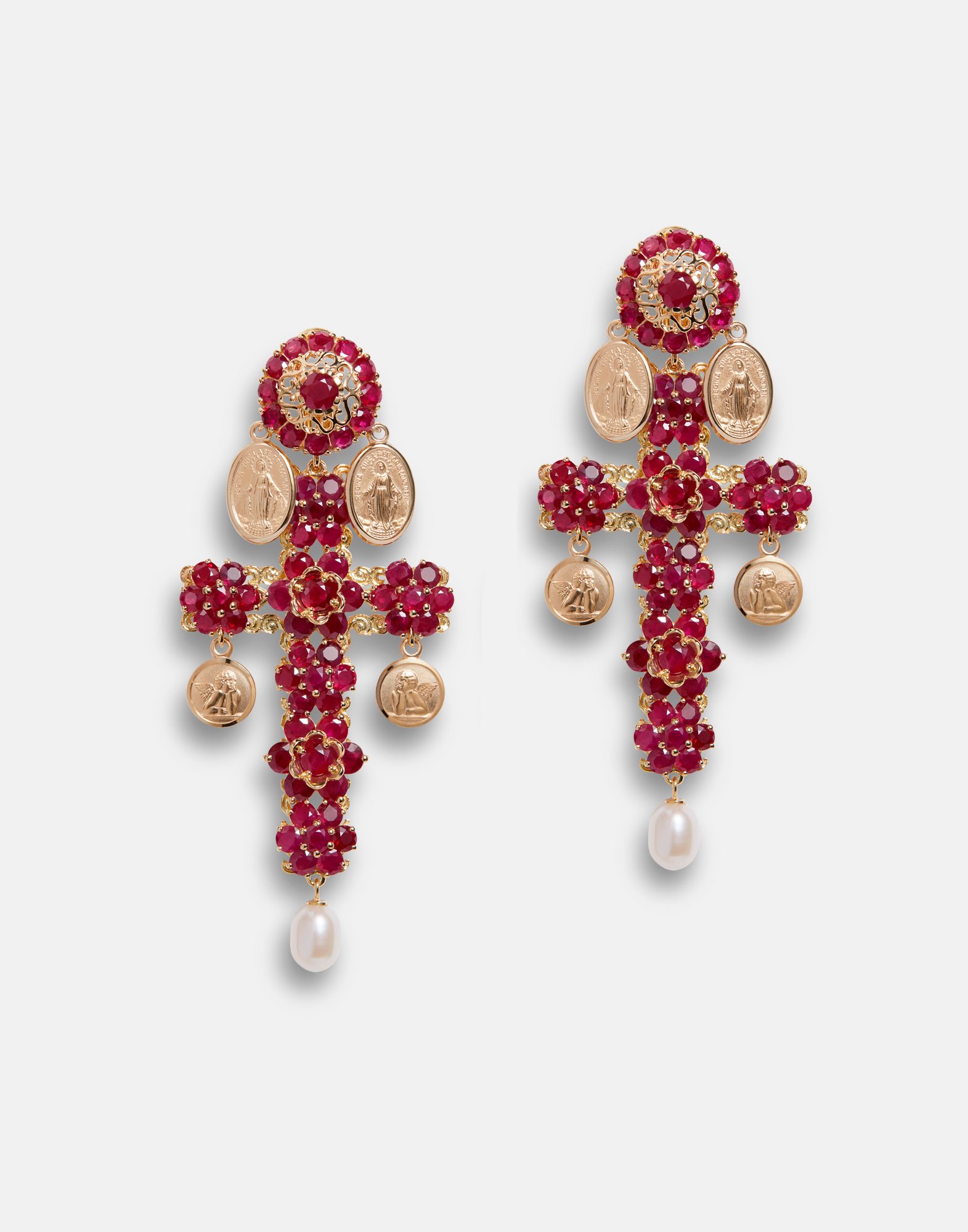 Shop Dolce & Gabbana Family Yellow Gold Cross Pendant Earrings With Rubies