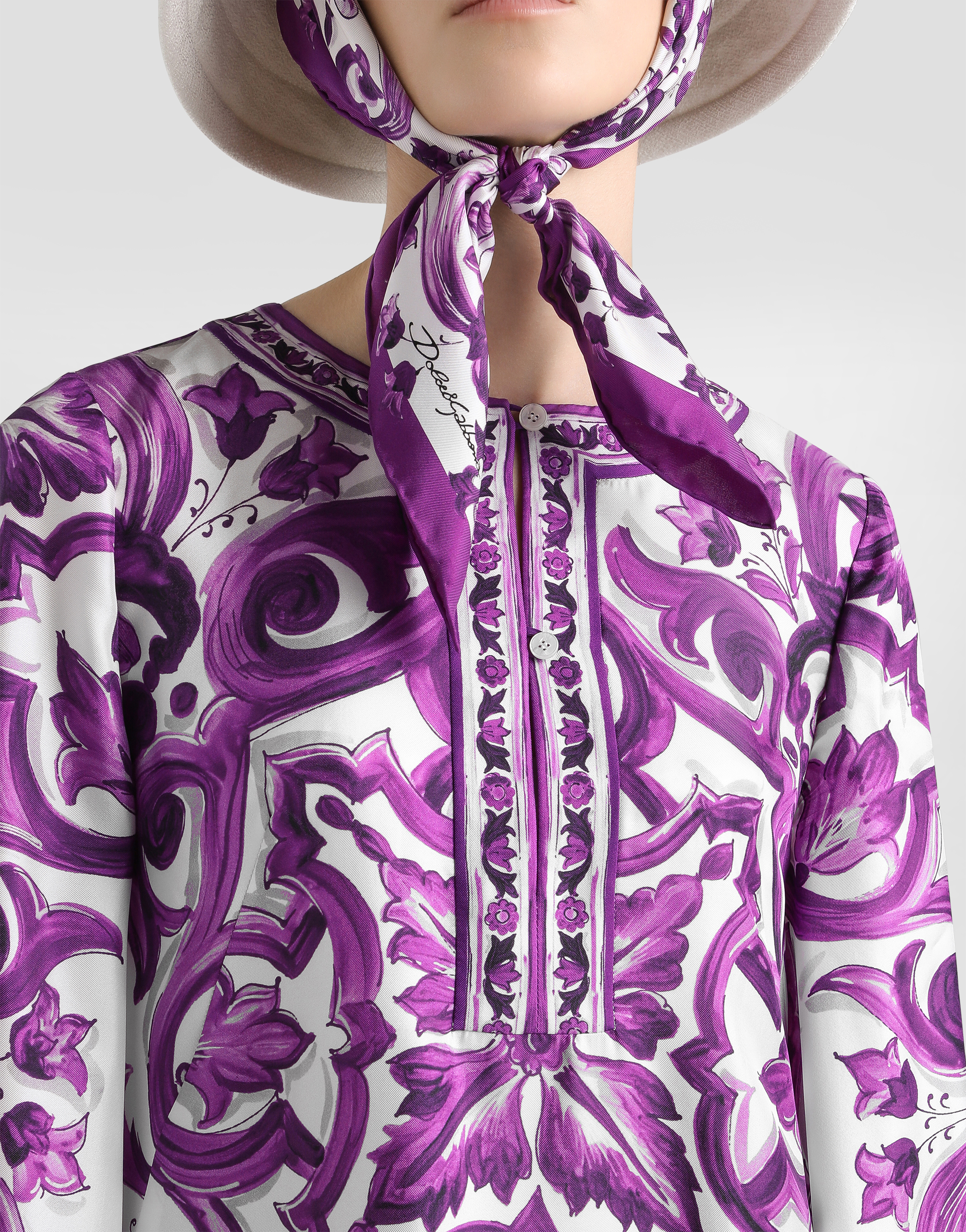 Dolce & Gabbana Majolica Silk Twill Long-sleeve Mini Shift Dress