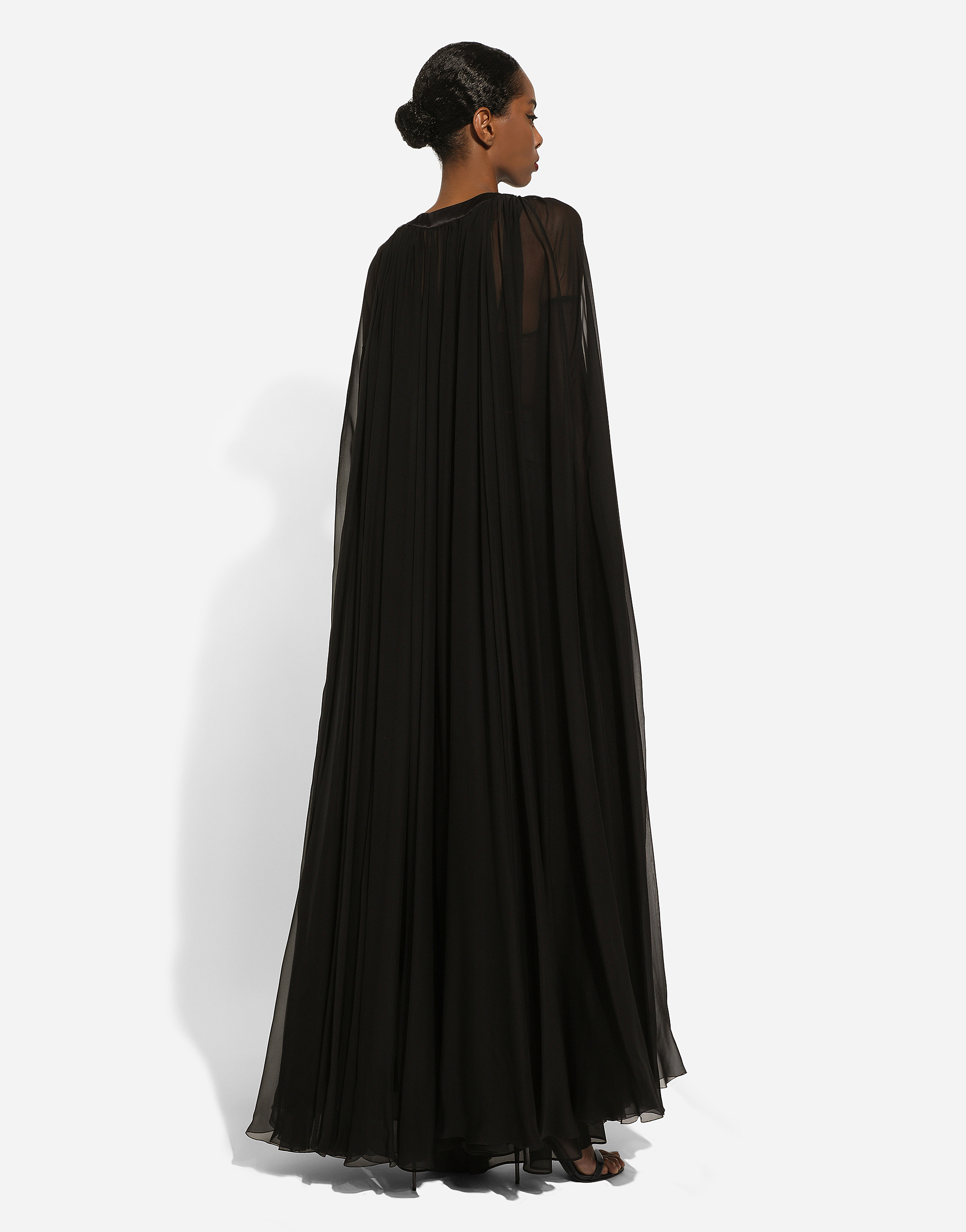 Dolce & Gabbana Silk Chiffon Cape With Flower Appliqué In Black