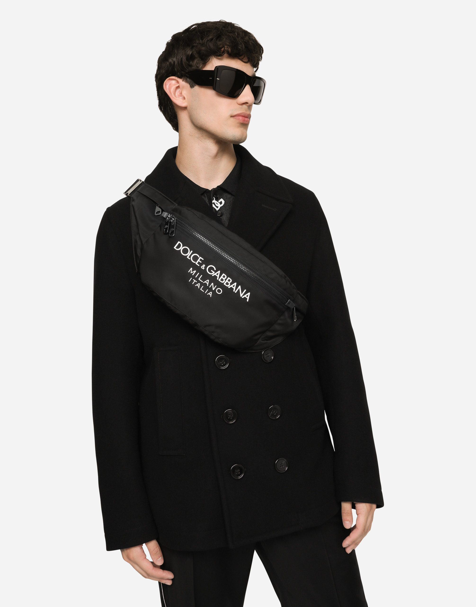Shop Dolce & Gabbana Nylon Belt Bag With Rubberized Logo In Black