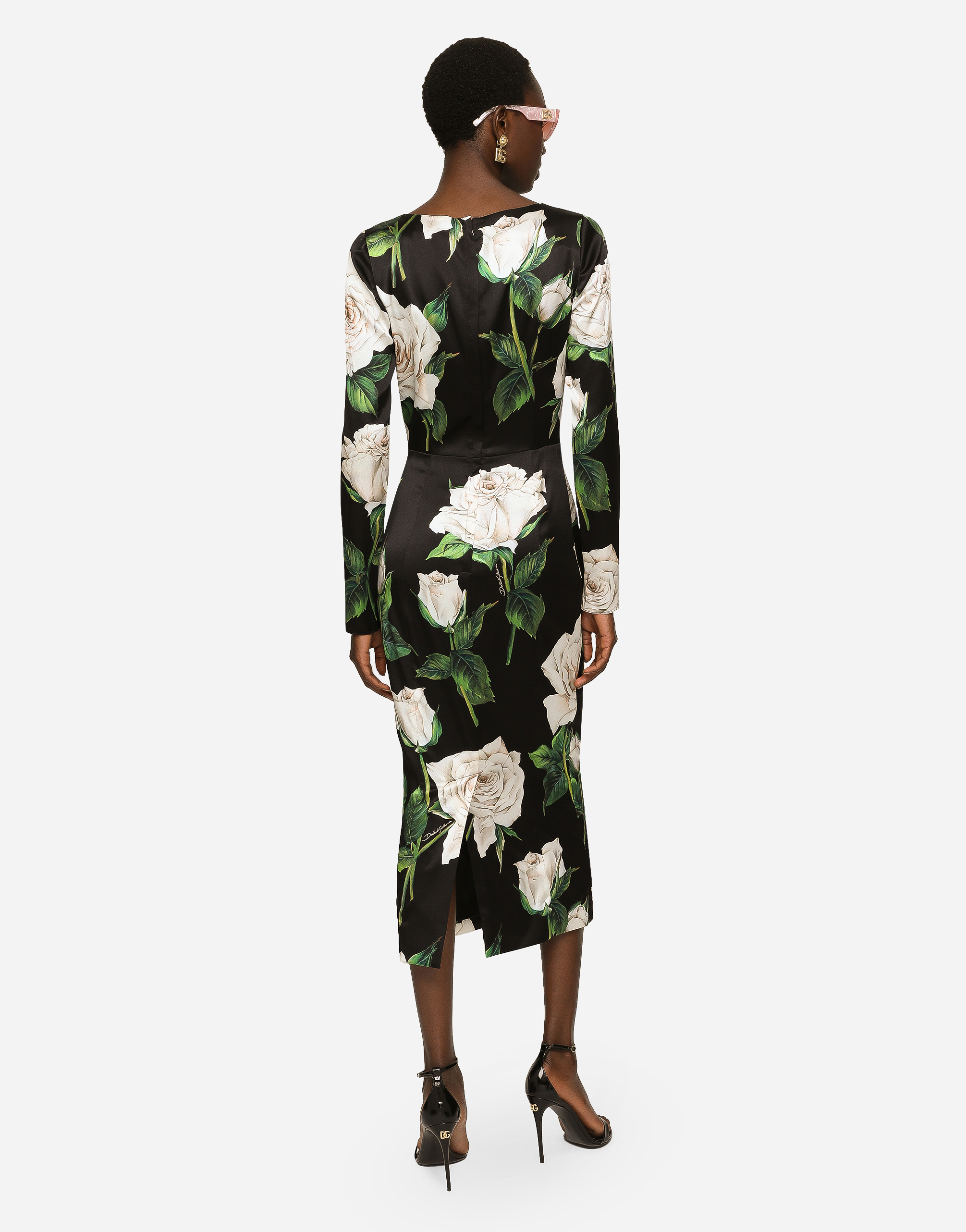 DOLCE & GABBANA SATIN CALF-LENGTH DRESS WITH WHITE ROSE PRINT
