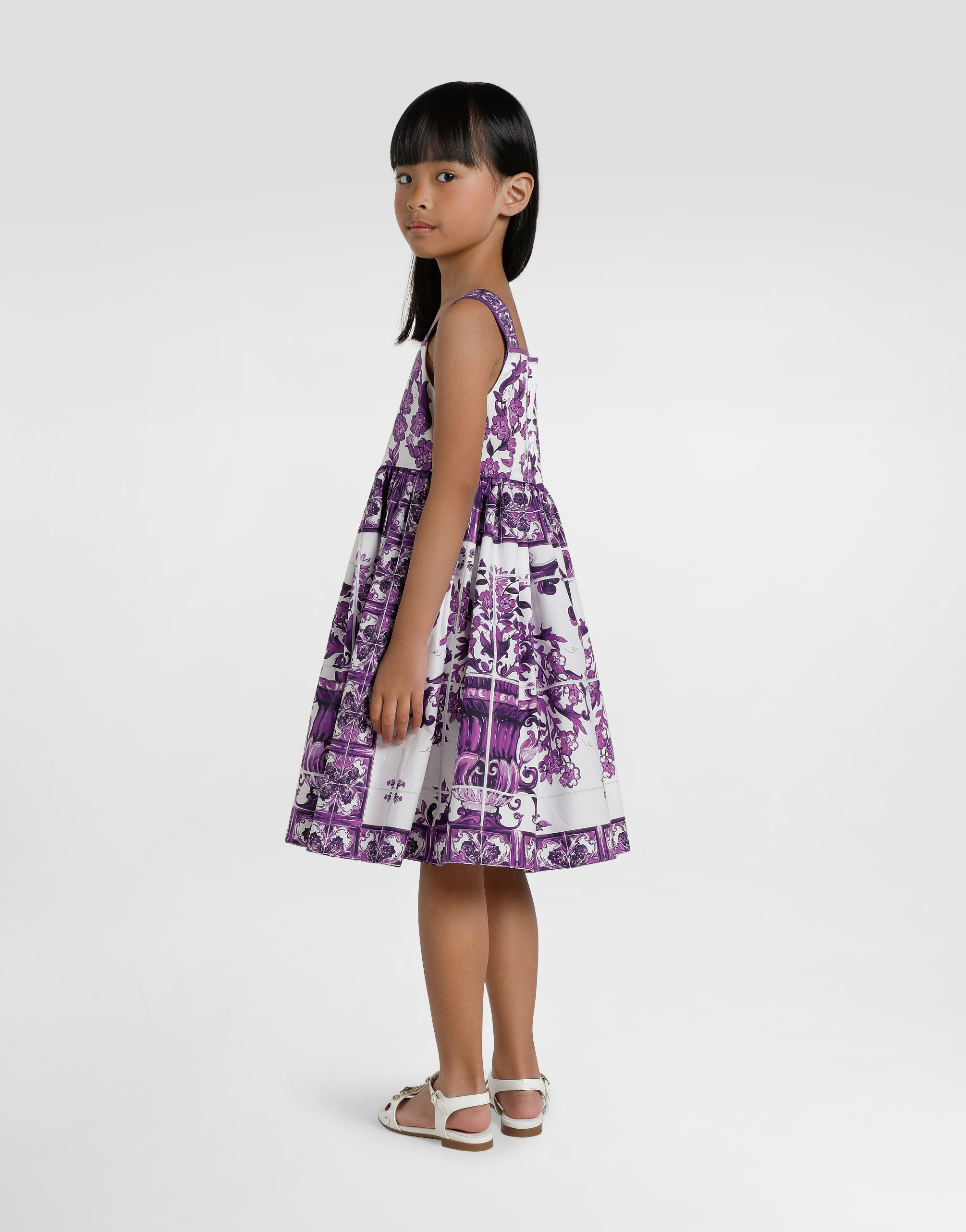 Majolica-print sleeveless popeline dress