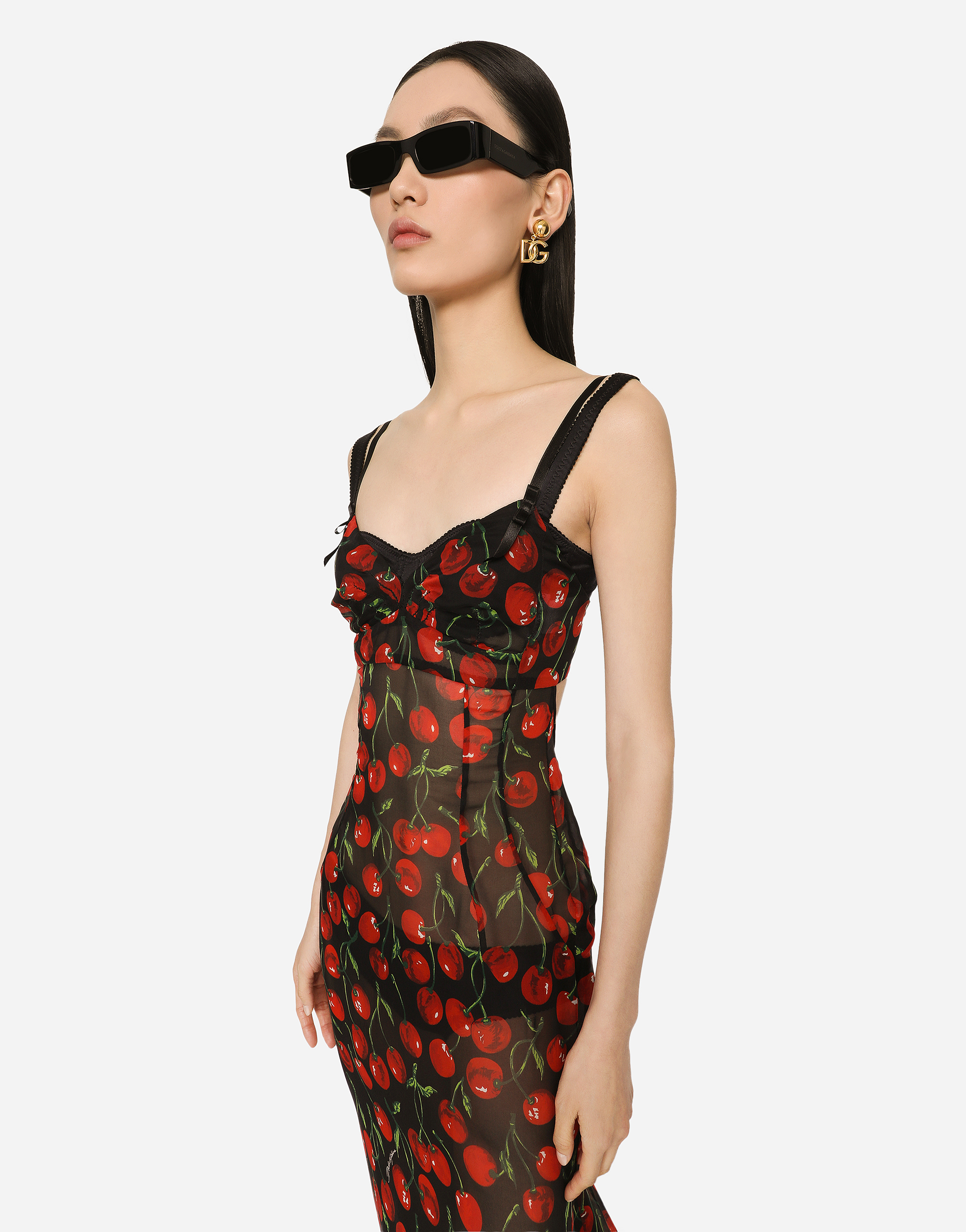 DOLCE & GABBANA LONG CHERRY-PRINT CHIFFON DRESS WITH TRAIN