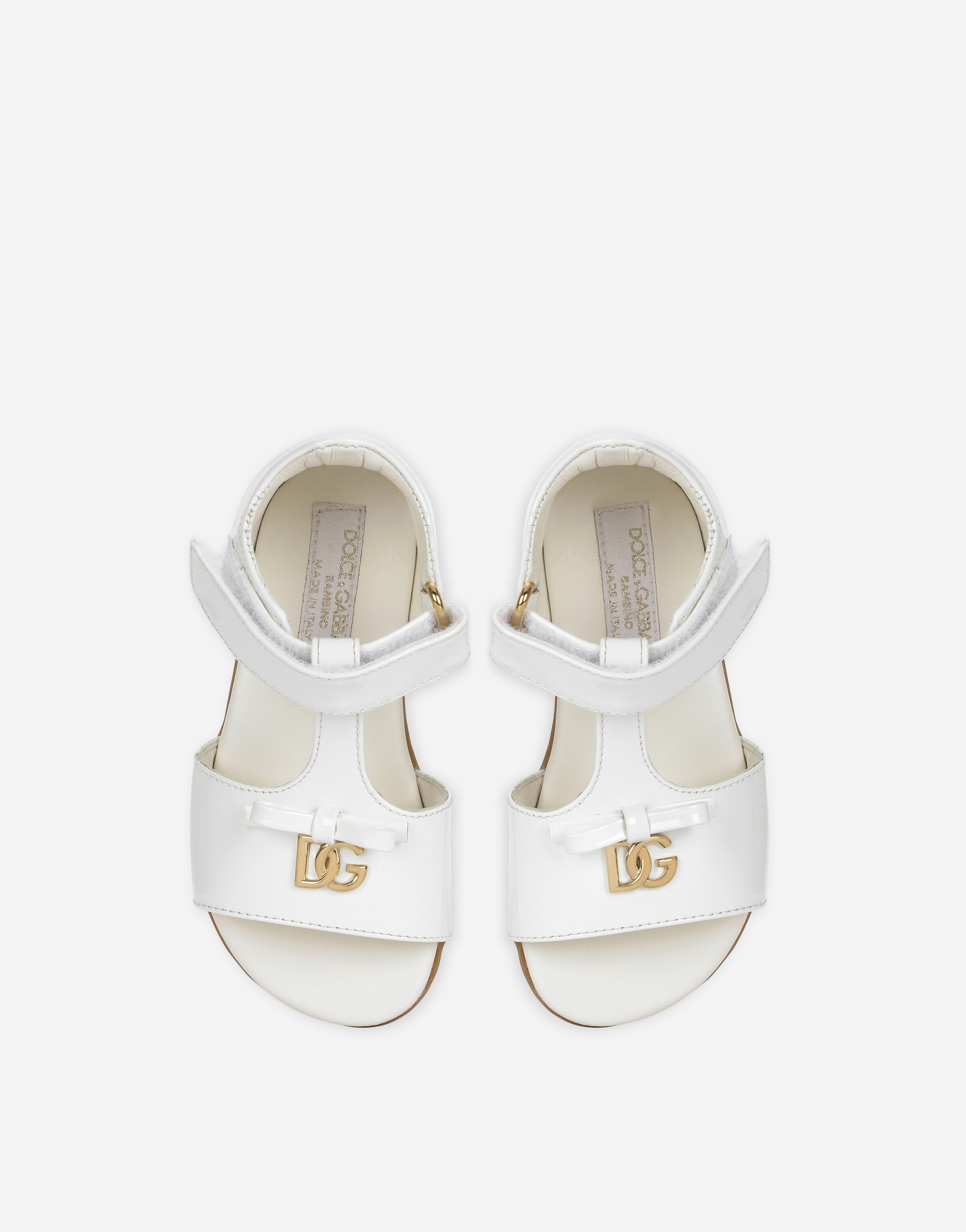 Shop Dolce & Gabbana Patent Leather First Steps Sandals With Metal Dg Logo In White