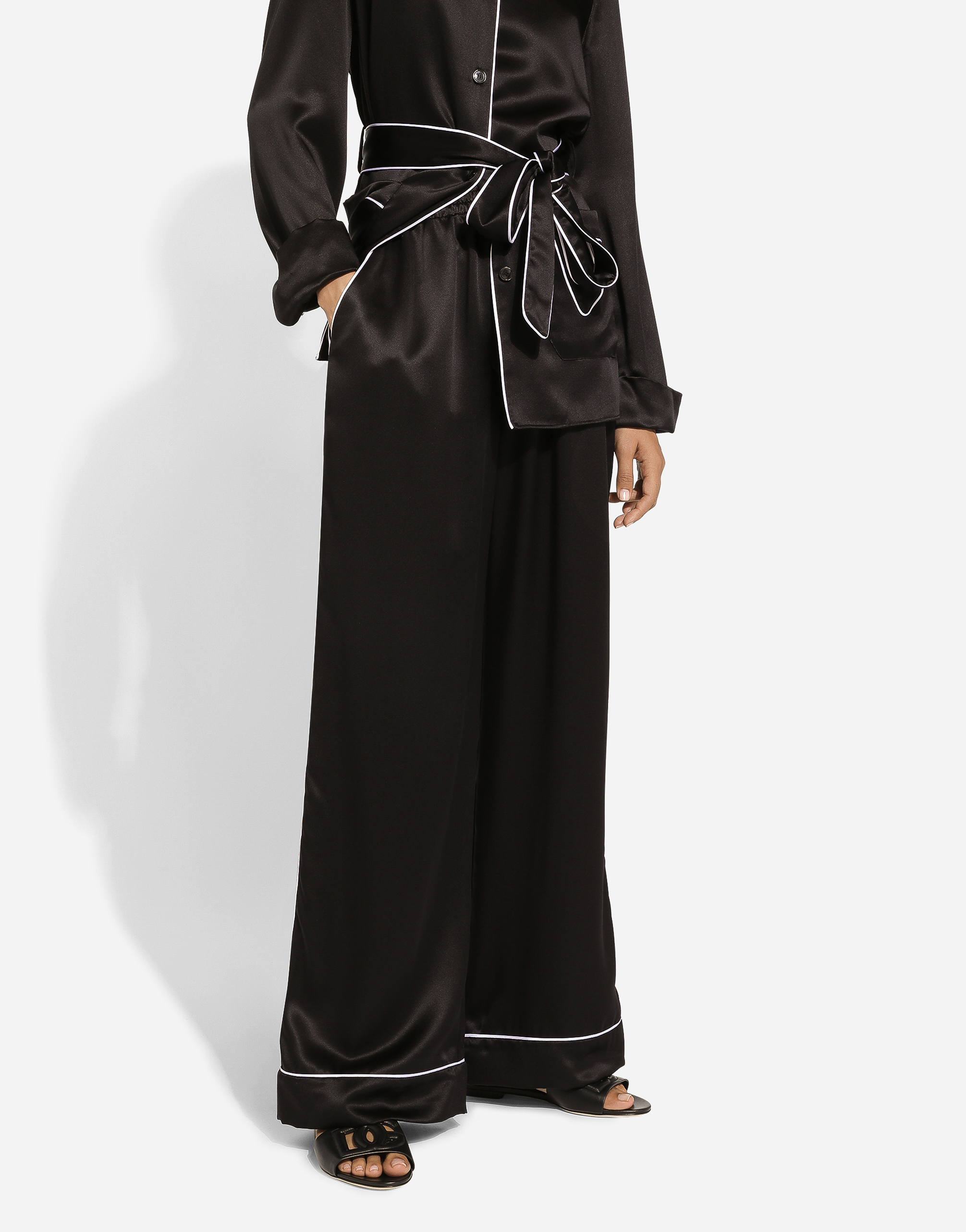 Shop Dolce & Gabbana Silk Pajama Pants With Contrasting Piping In Black