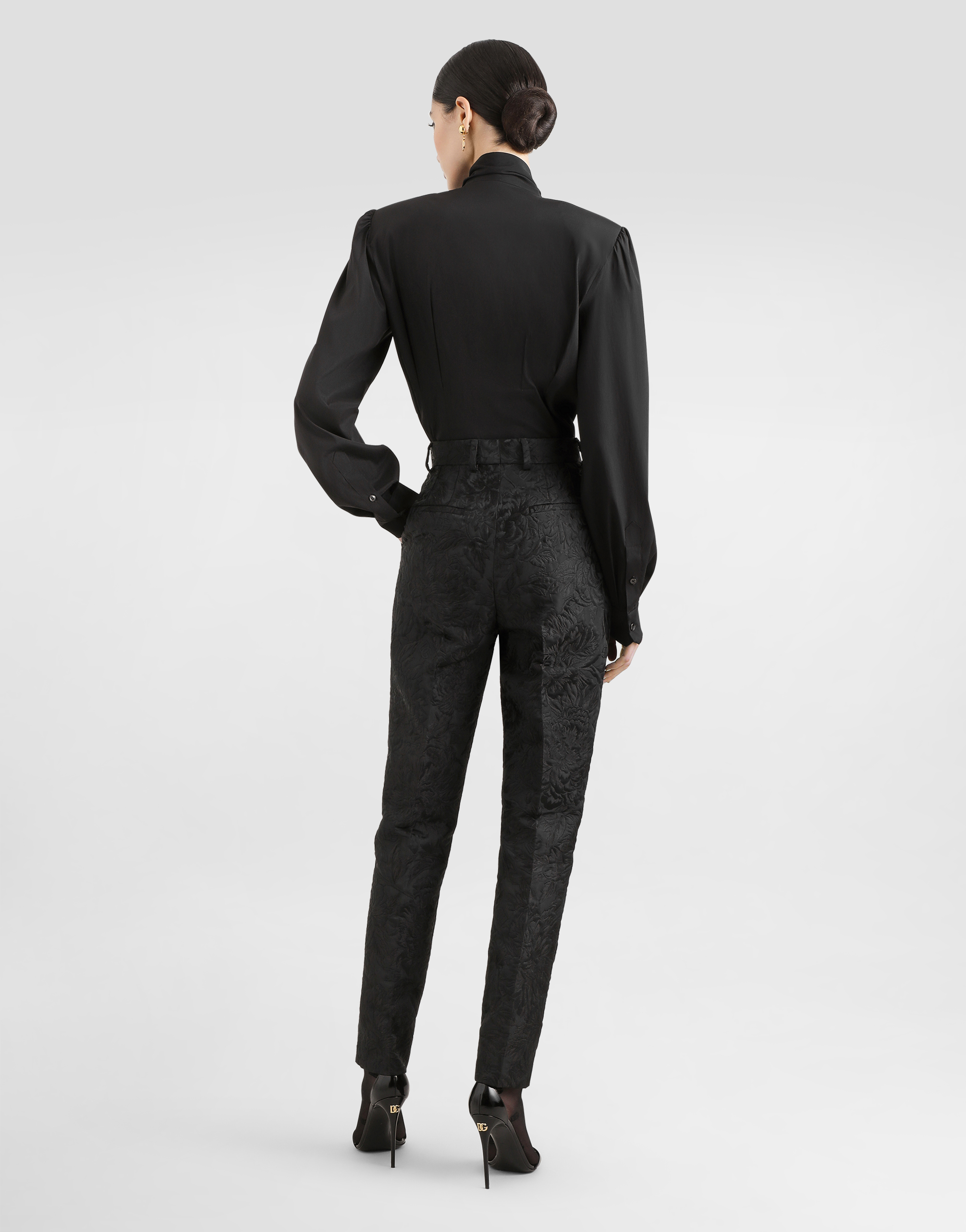 Peony-motif brocade trousers