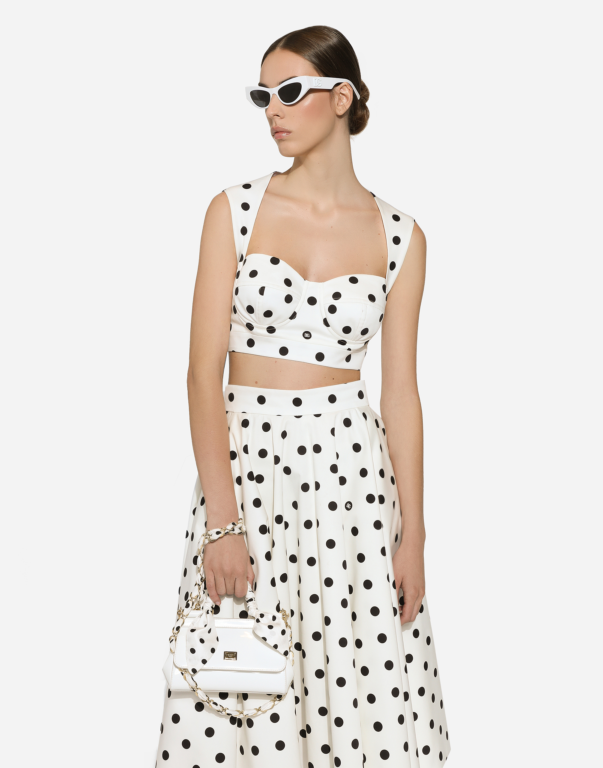 Dolce & Gabbana Polka-dot Cotton-blend Drill Crop Top In プリ