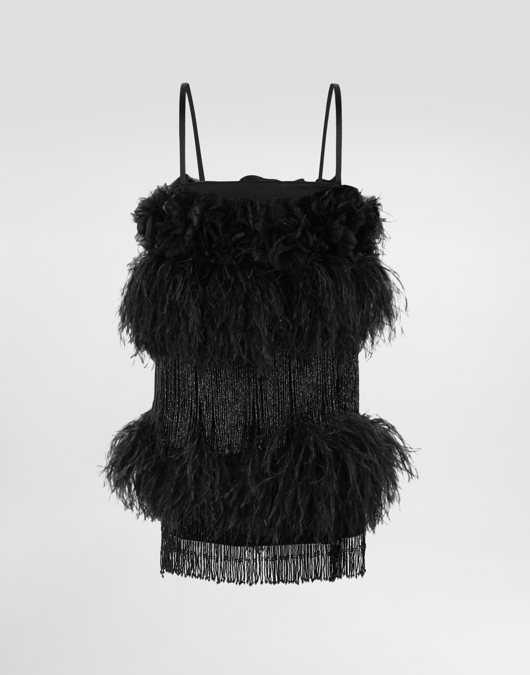 Satin dress with feathers