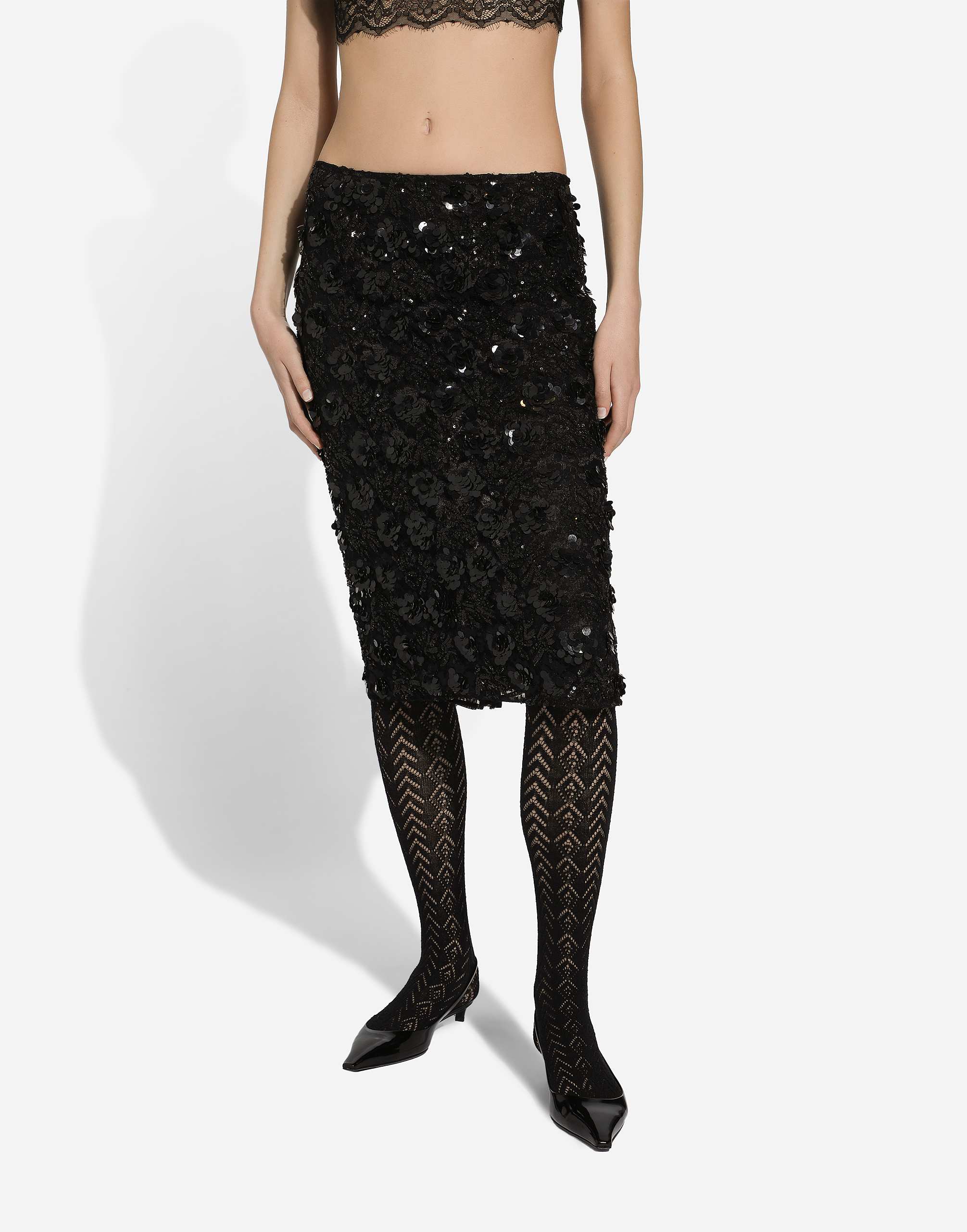 Dolce & Gabbana Lace Midi Skirt With Sequins In ブラック