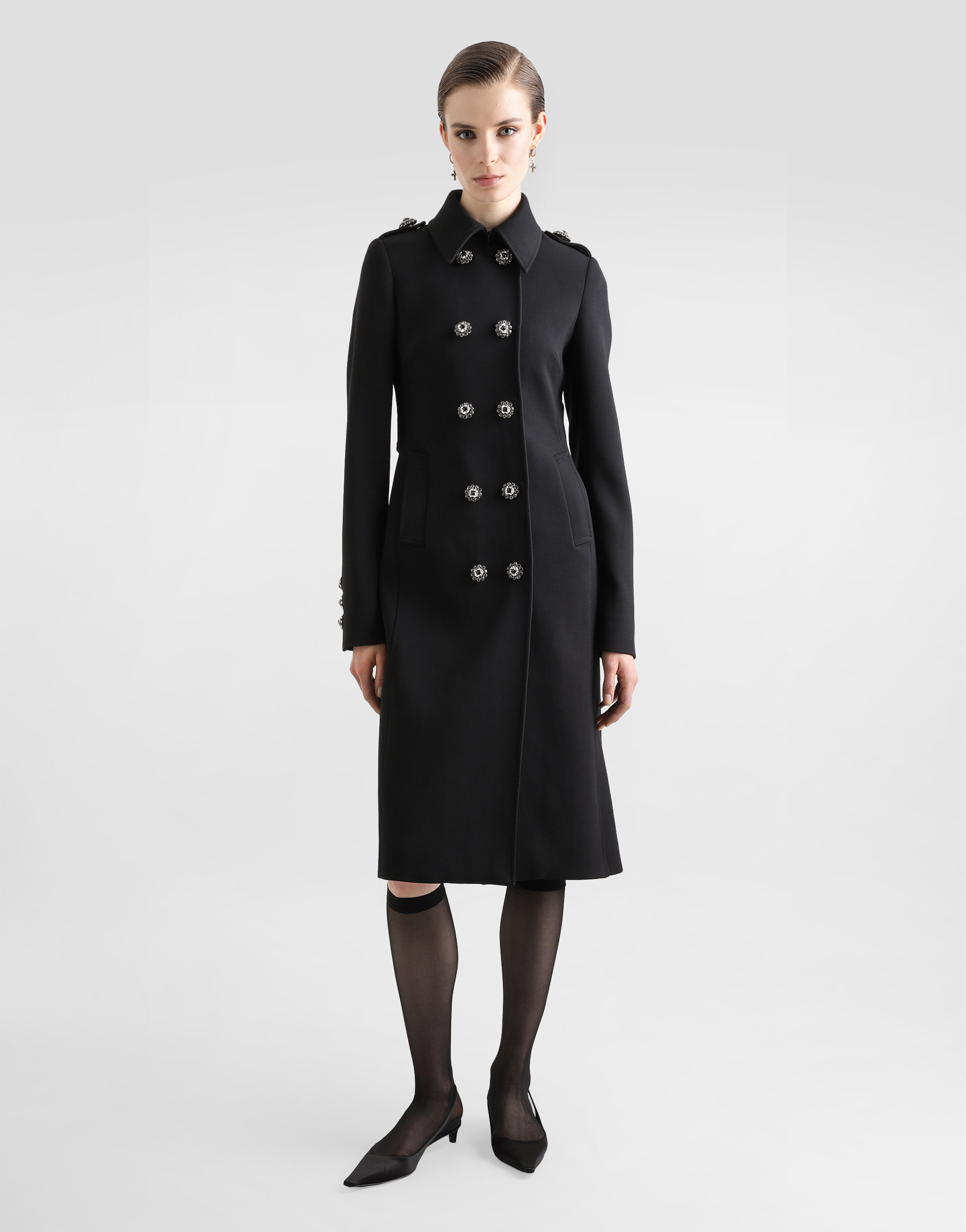 Dolce & Gabbana Double-breasted Wool Coat With Bejeweled Buttons In Black