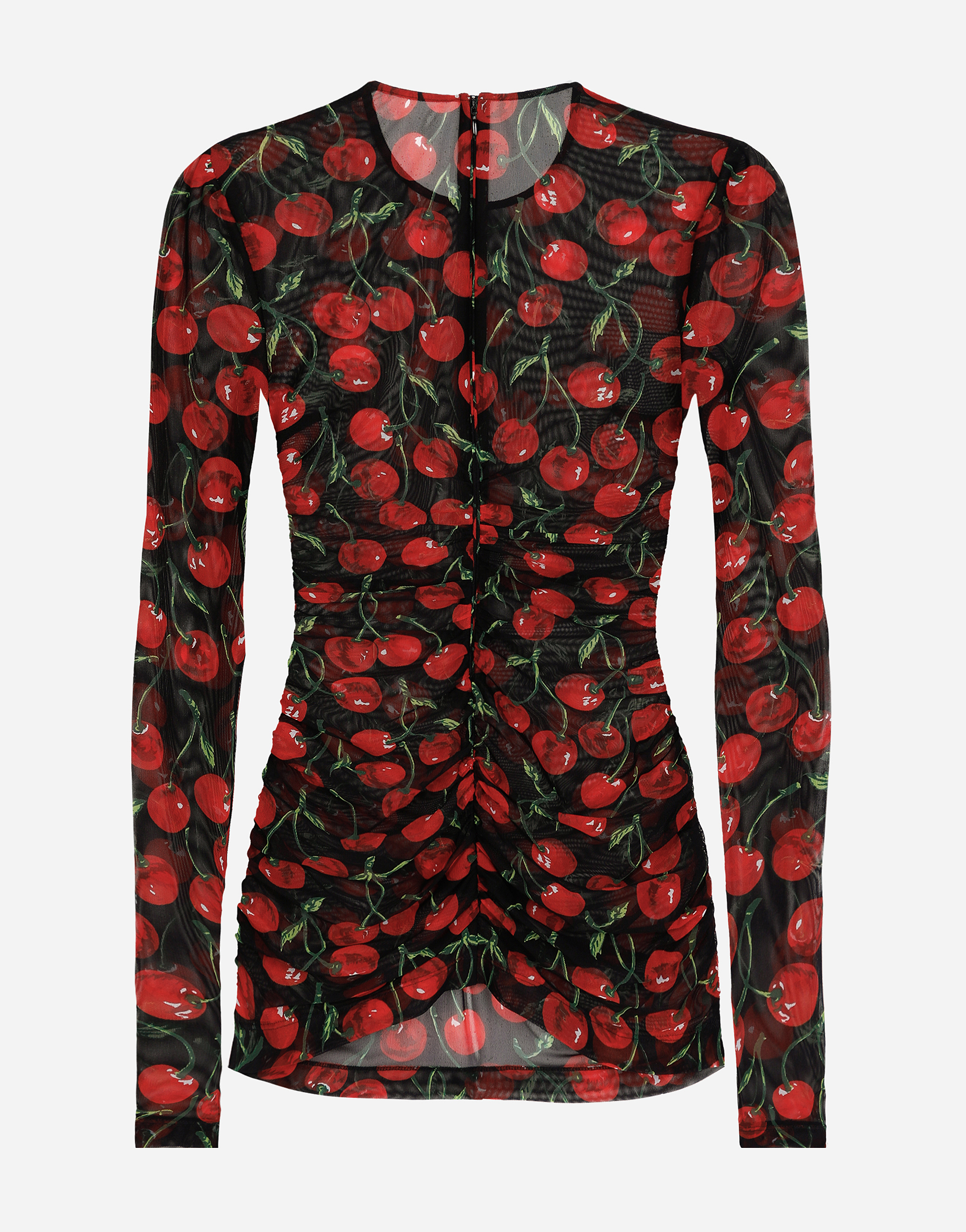 DOLCE & GABBANA LONG-SLEEVED TULLE TOP WITH CHERRY PRINT AND DRAPING