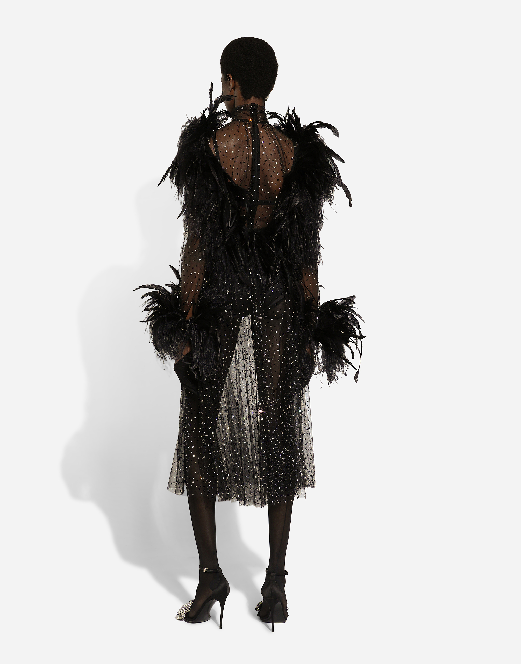Dolce & Gabbana Feather-trim Rhinestone Dress In Silver