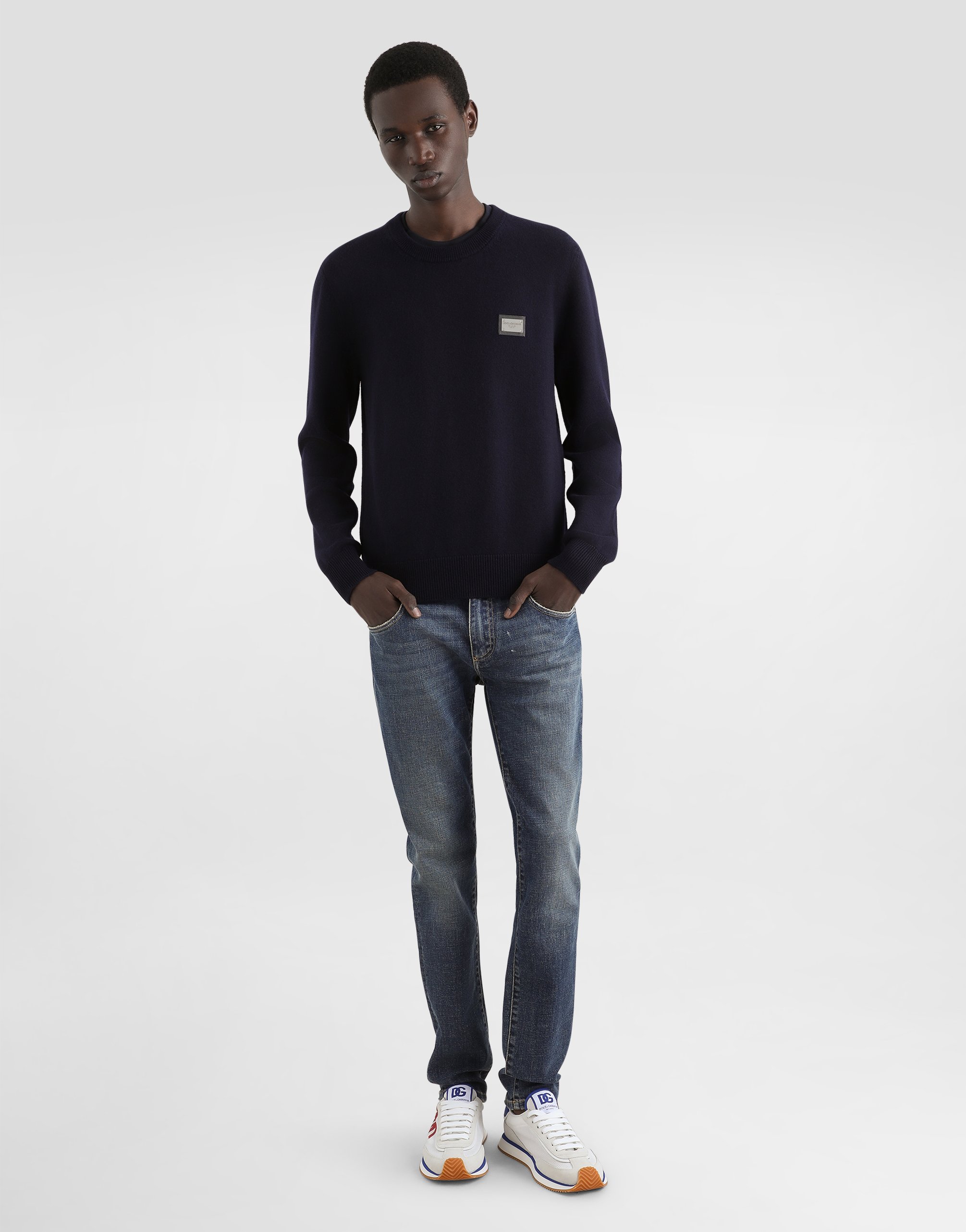 Shop Dolce & Gabbana Wool Round-neck Sweater With Branded Tag In Blue