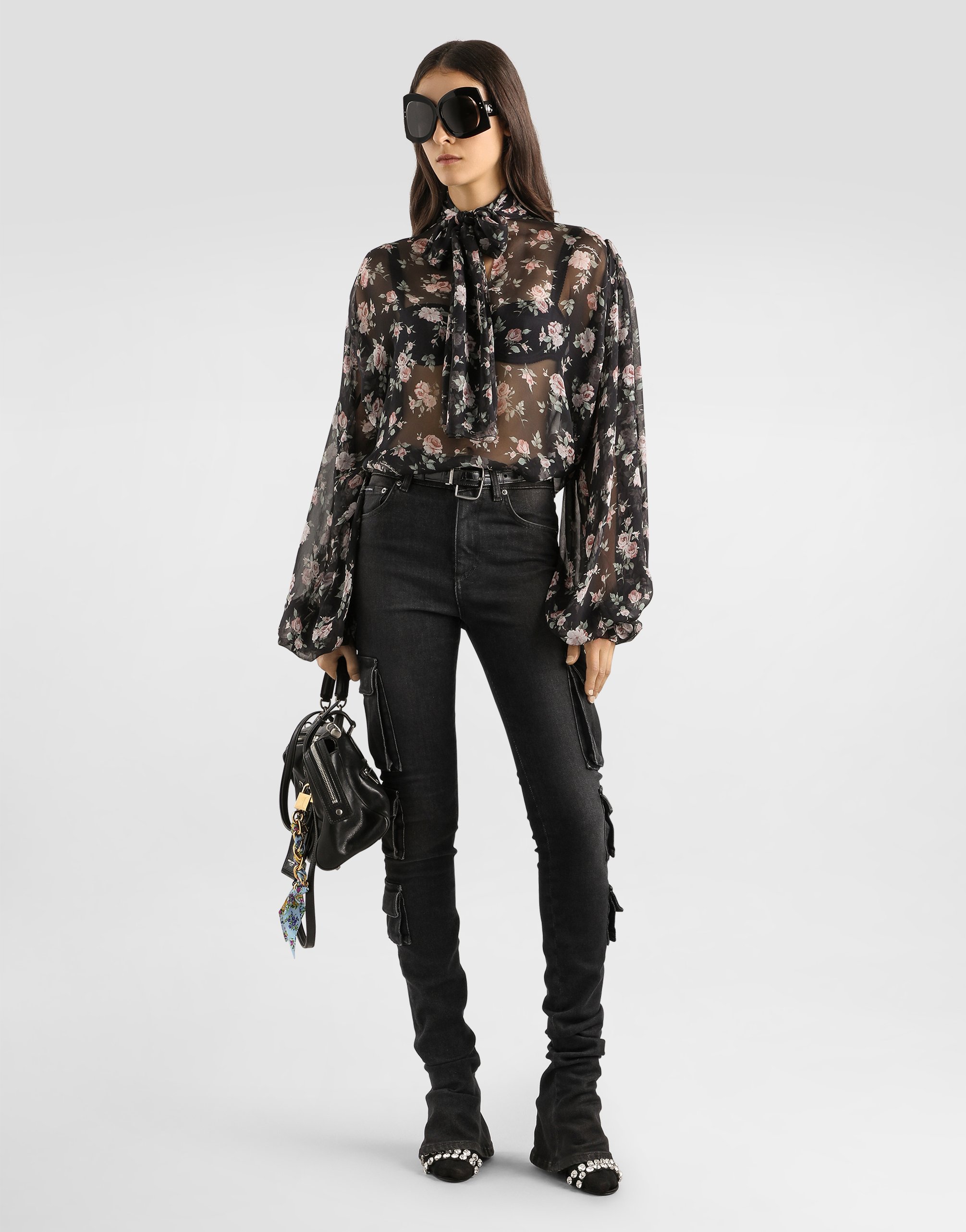 Dolce & Gabbana Vintage Rose-print Chiffon Top In Black