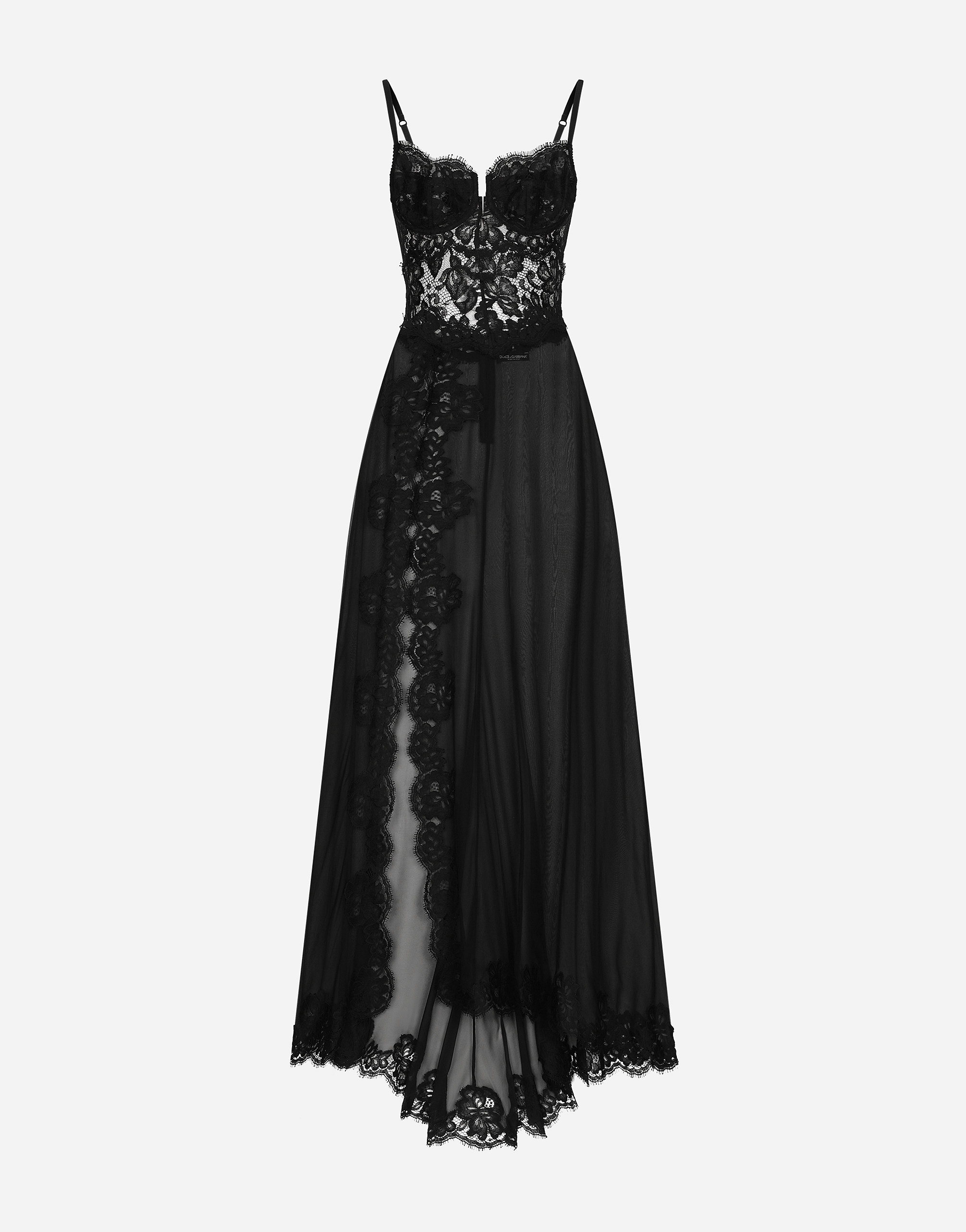 Dolce & Gabbana Long Silk Chiffon And Chantilly Lace Slip Dress - Woman Dresses Black Silk