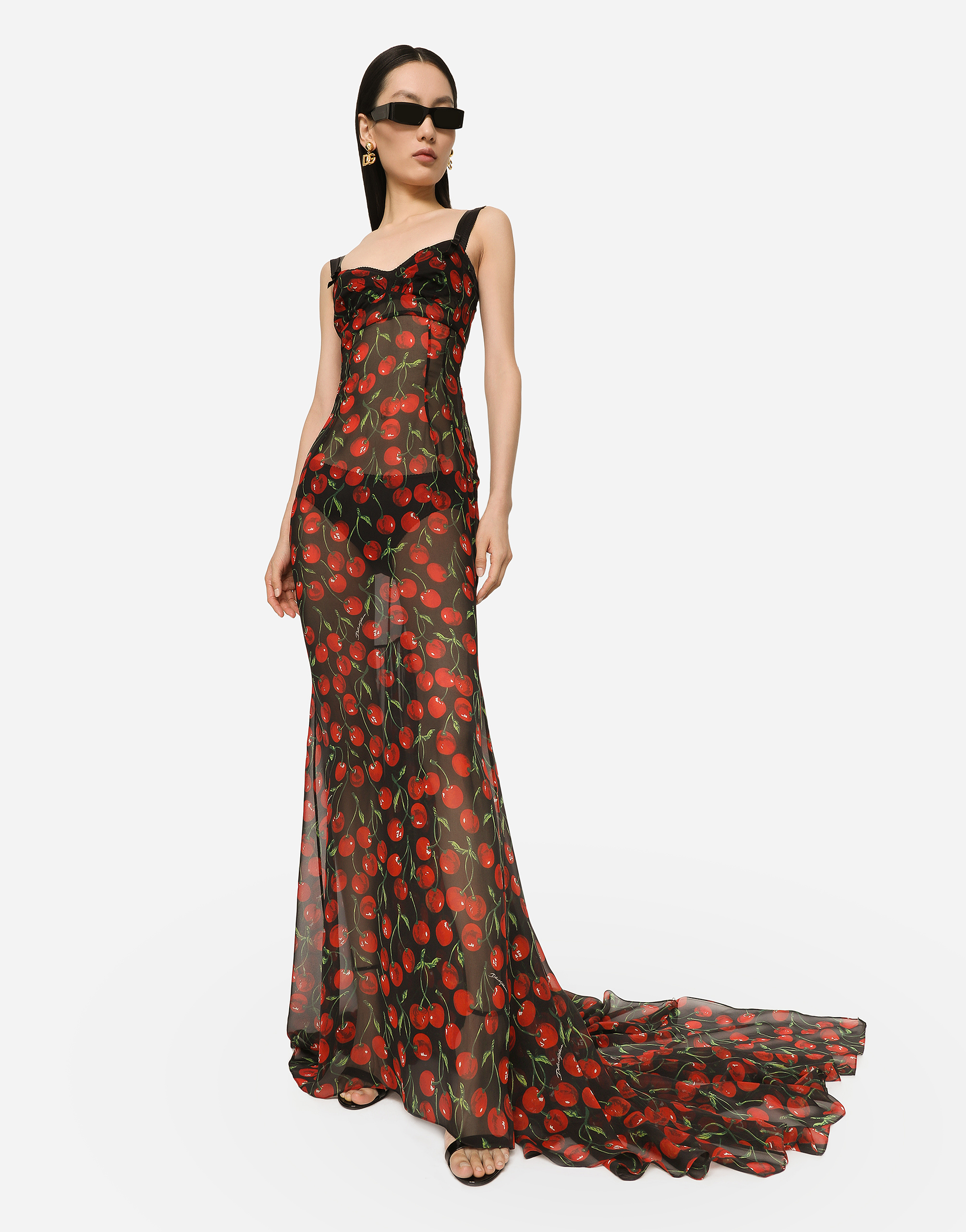 DOLCE & GABBANA LONG CHERRY-PRINT CHIFFON DRESS WITH TRAIN