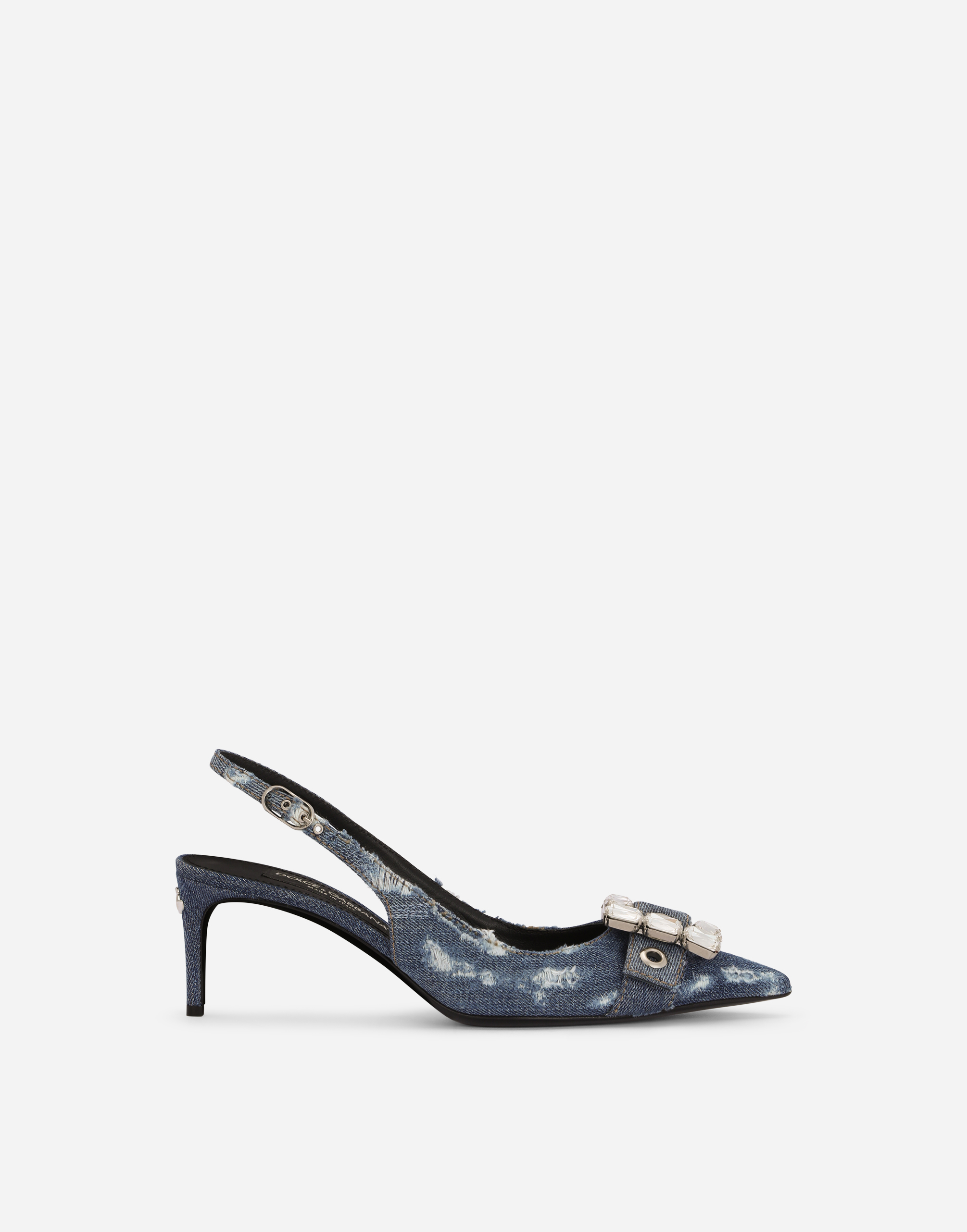 Shop Dolce & Gabbana Patchwork Denim Slingbacks With Rhinestone Buckle In Blue