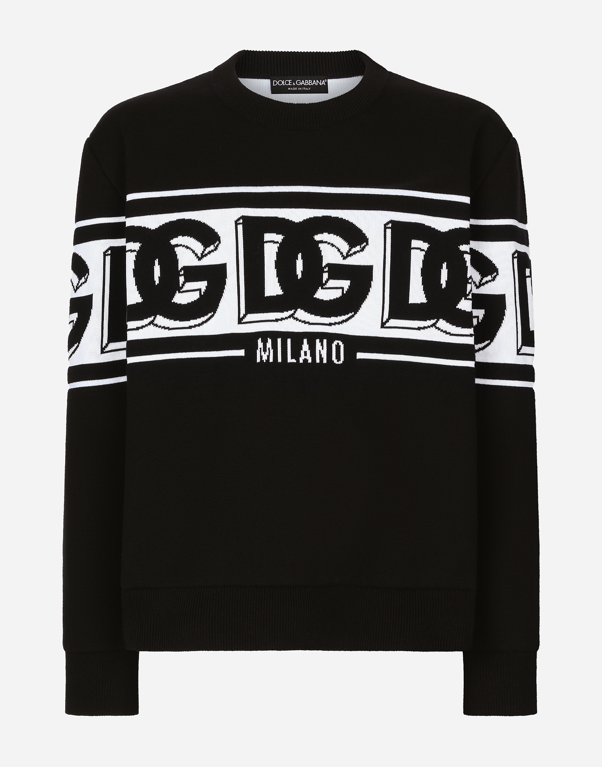 Dolce & Gabbana Black Crewneck Sweater With Dg Motif In Wool Blend Man In Black