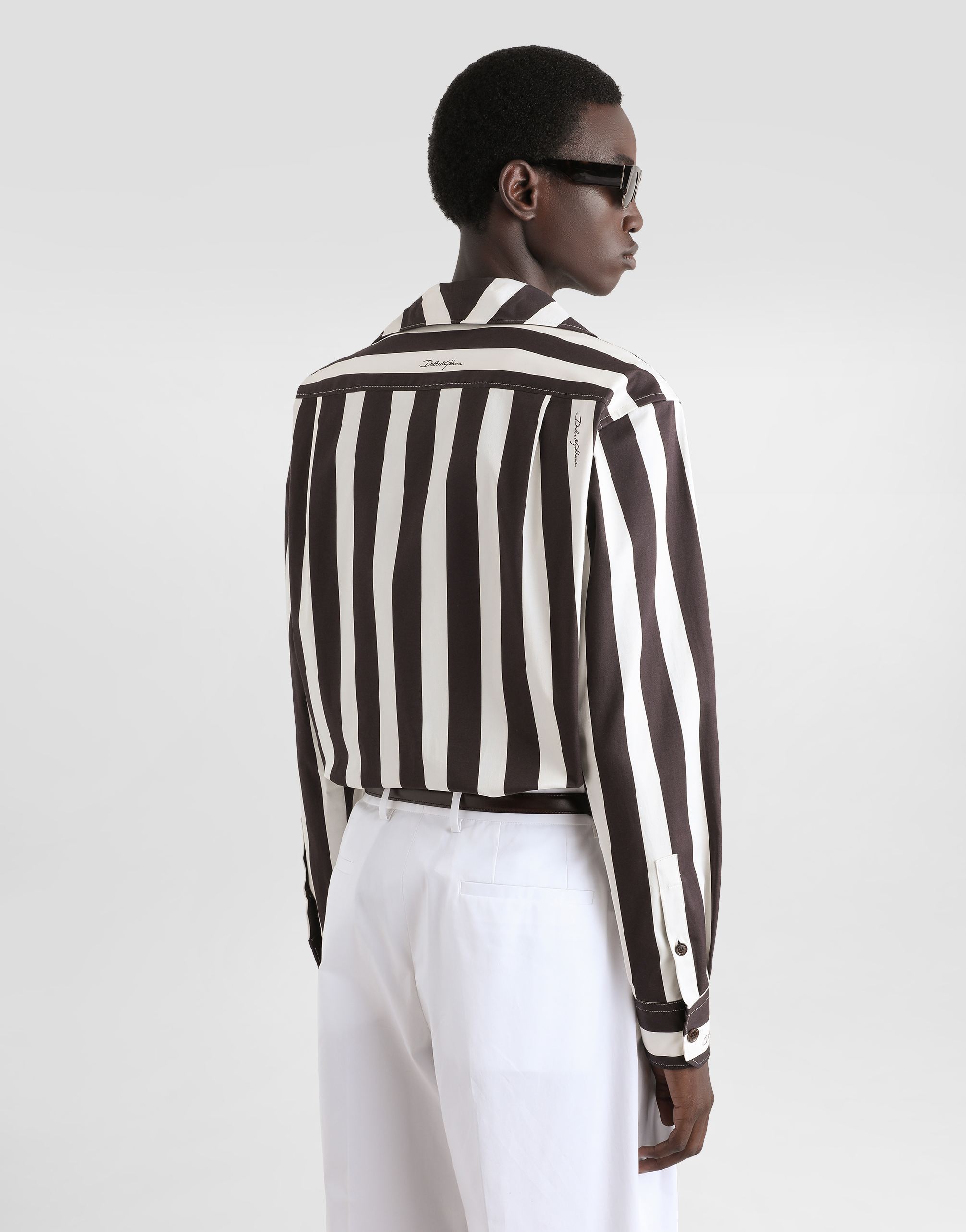 Dolce & Gabbana Three-button Long-sleeved Shirt In Striped Cotton Drill In Multicolor