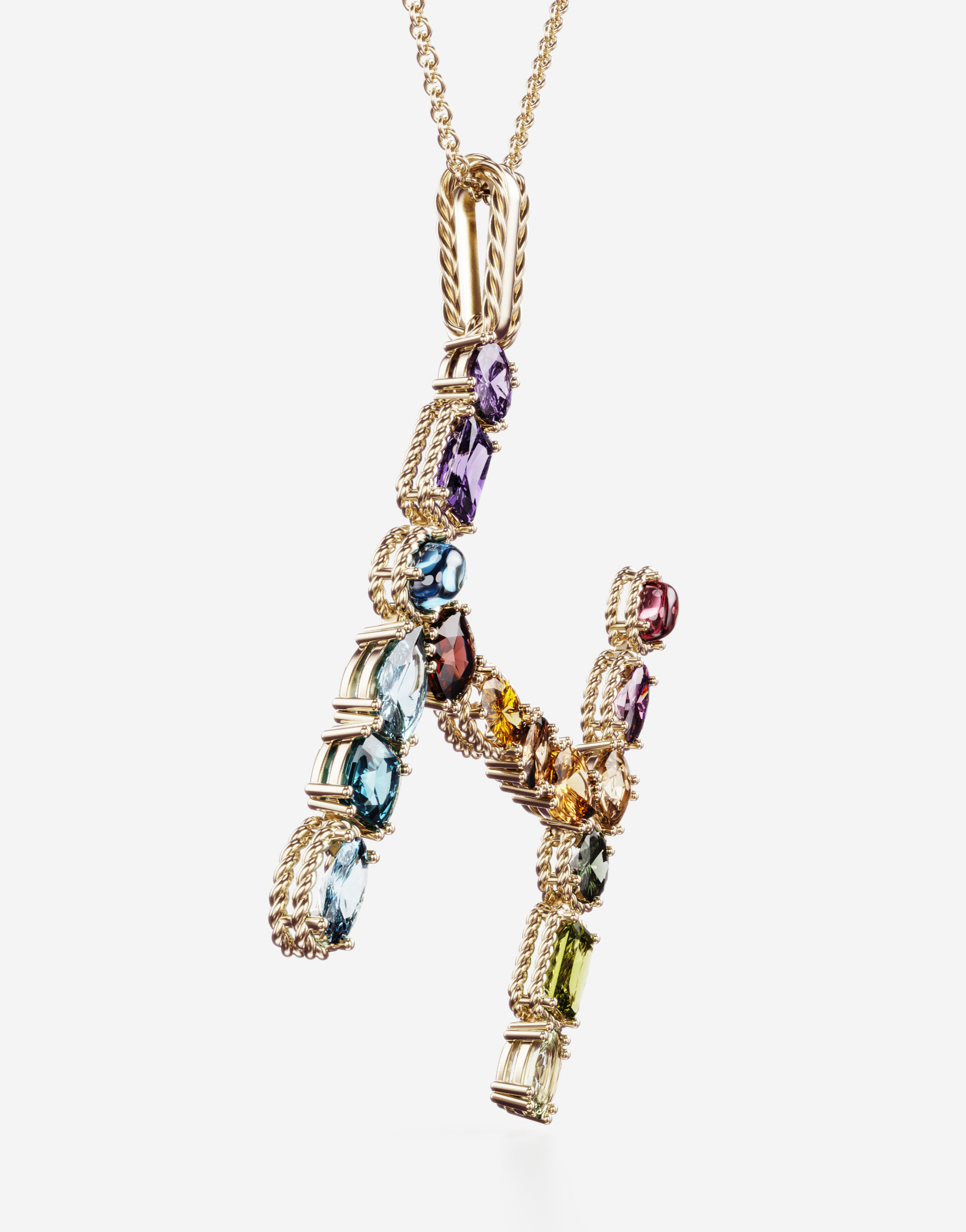 Shop Dolce & Gabbana Rainbow Alphabet H Pendant In Yellow Gold With Multicolor Fine Gems
