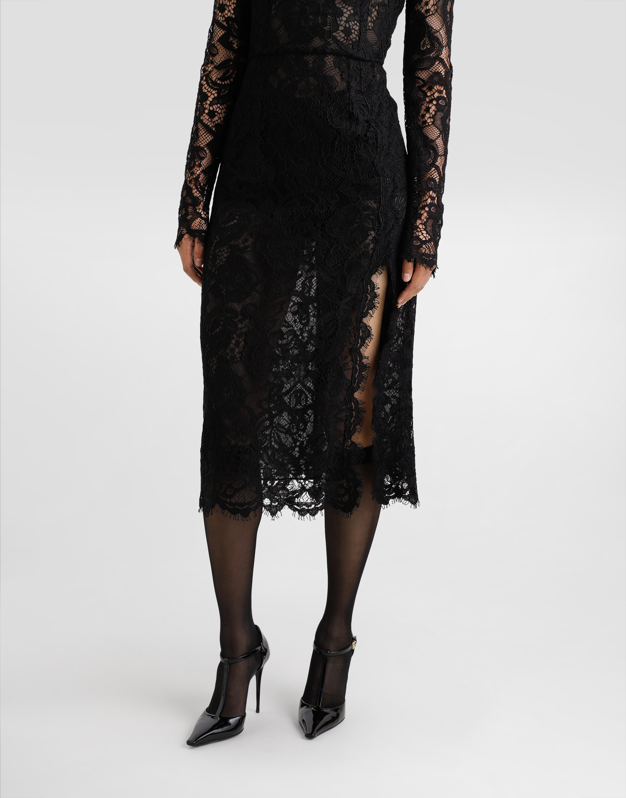 Dolce & Gabbana Flared Calf-length Floral Lace Dress With Contrasting Lining In Black