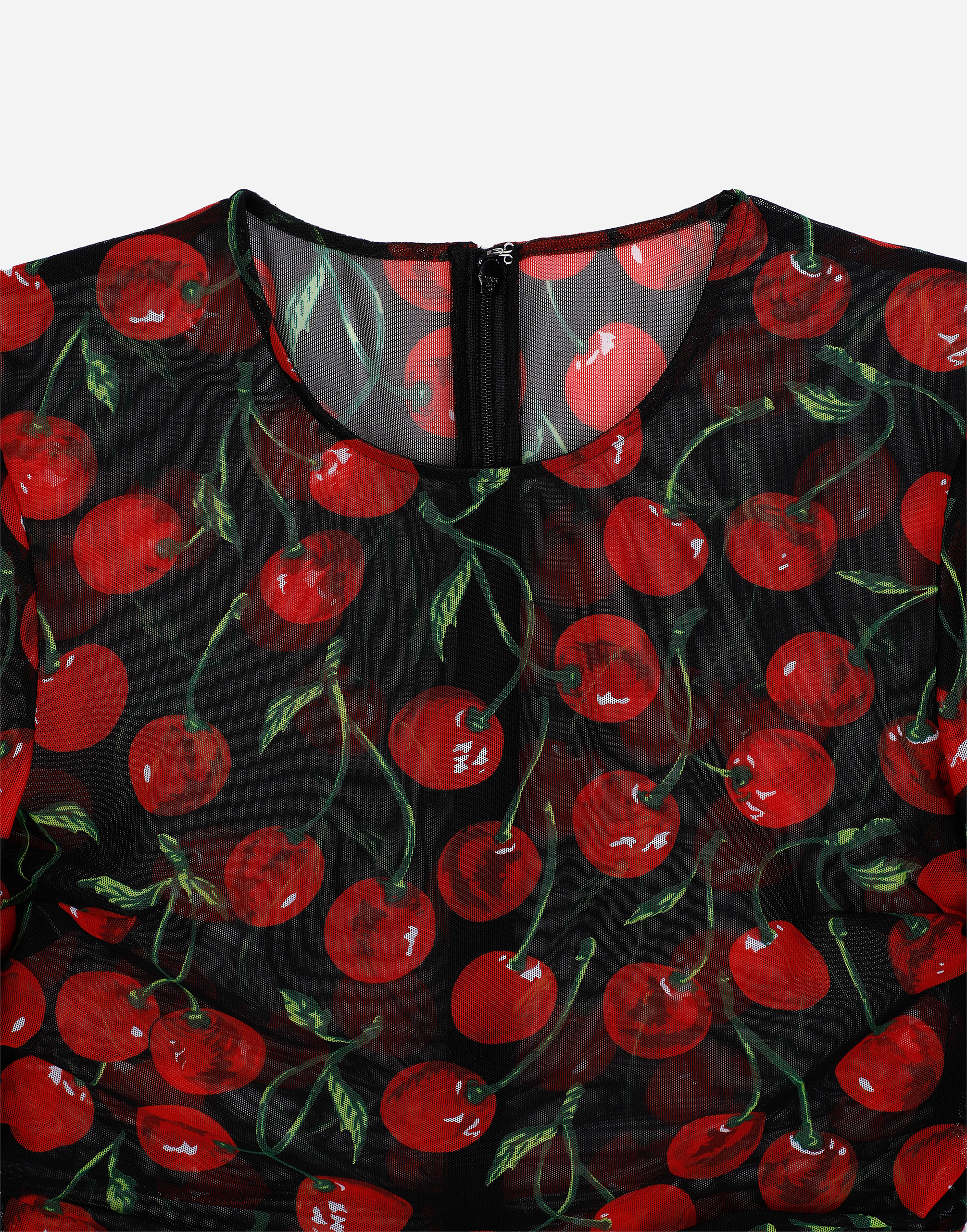 DOLCE & GABBANA LONG-SLEEVED TULLE TOP WITH CHERRY PRINT AND DRAPING