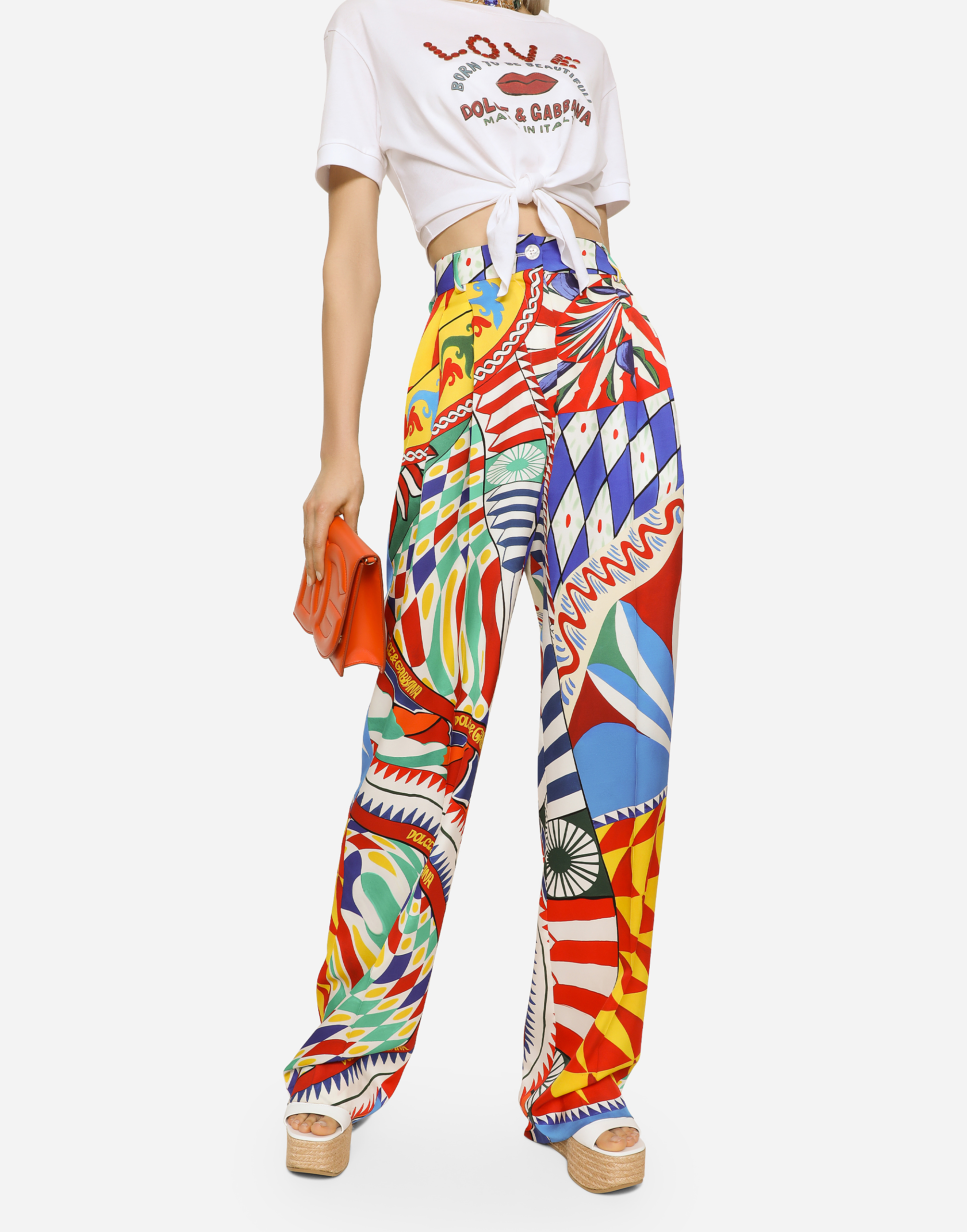 DOLCE & GABBANA FLARED CARRETTO-PRINT CHARMEUSE PANTS