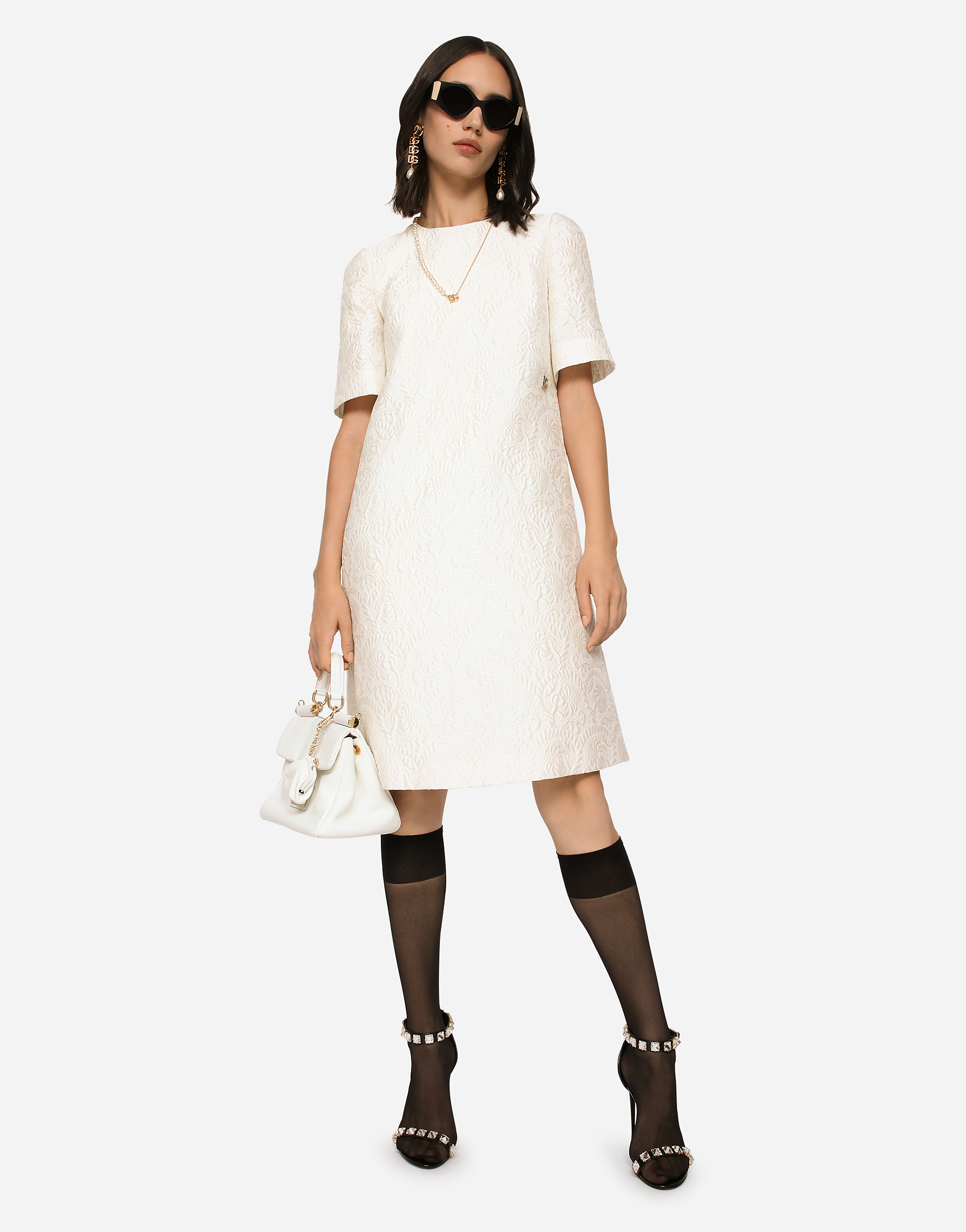 Shop Dolce & Gabbana Floral Jacquard Midi Dress In White