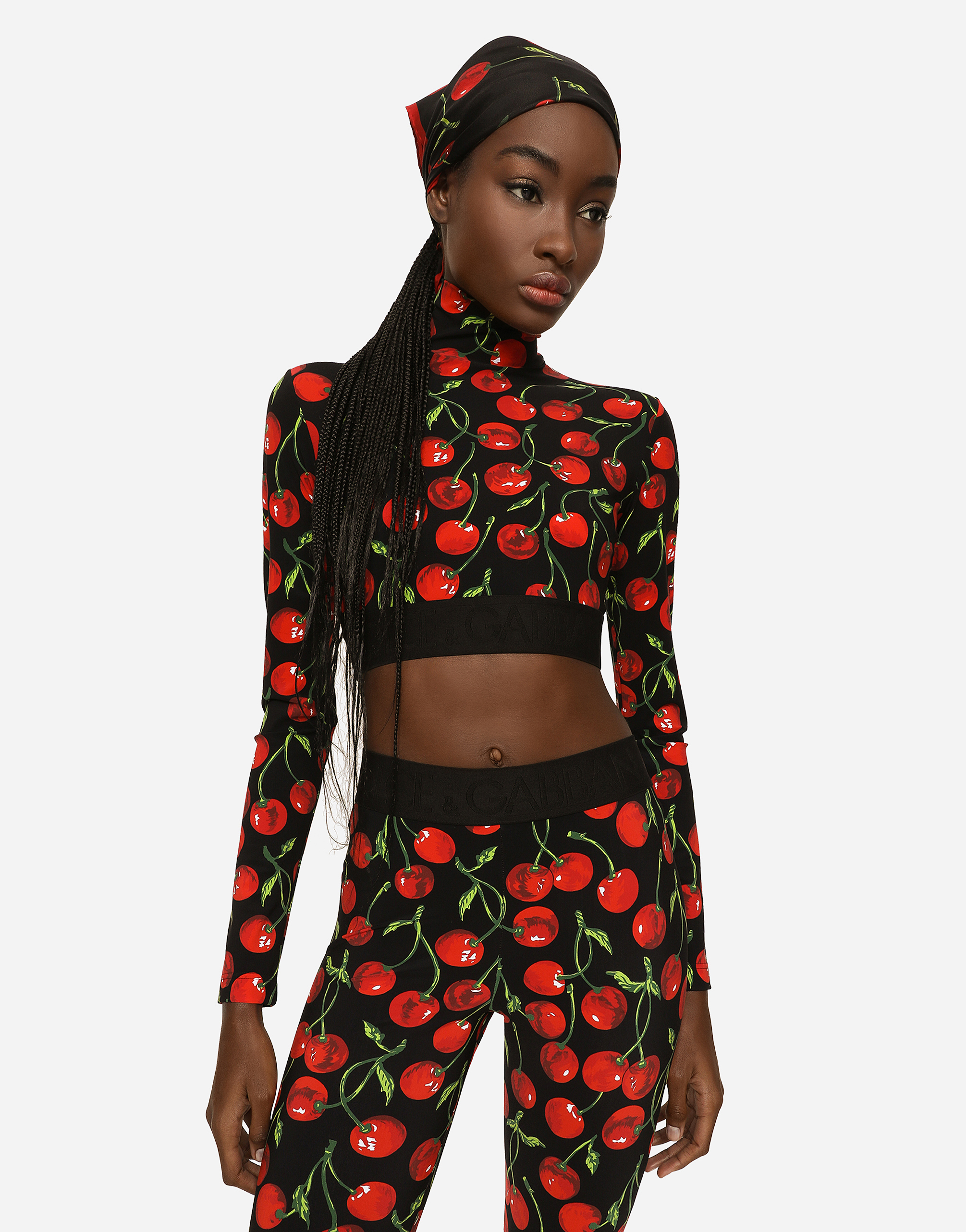 DOLCE & GABBANA CHERRY-PRINT TECHNICAL JERSEY TURTLE-NECK TOP WITH BRANDED ELASTIC
