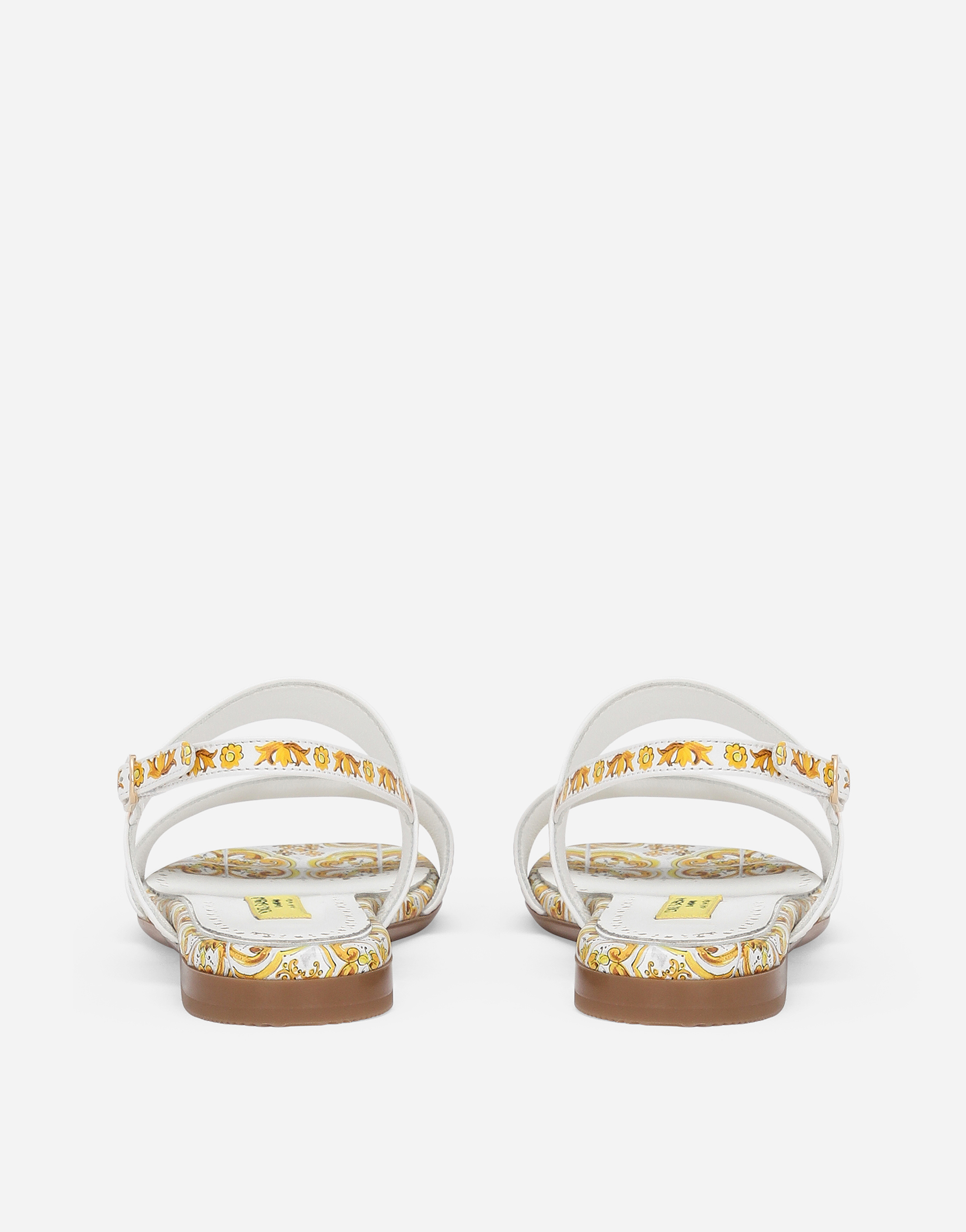 Dolce & Gabbana Calfskin Sandals With Yellow Majolica Print In Gold