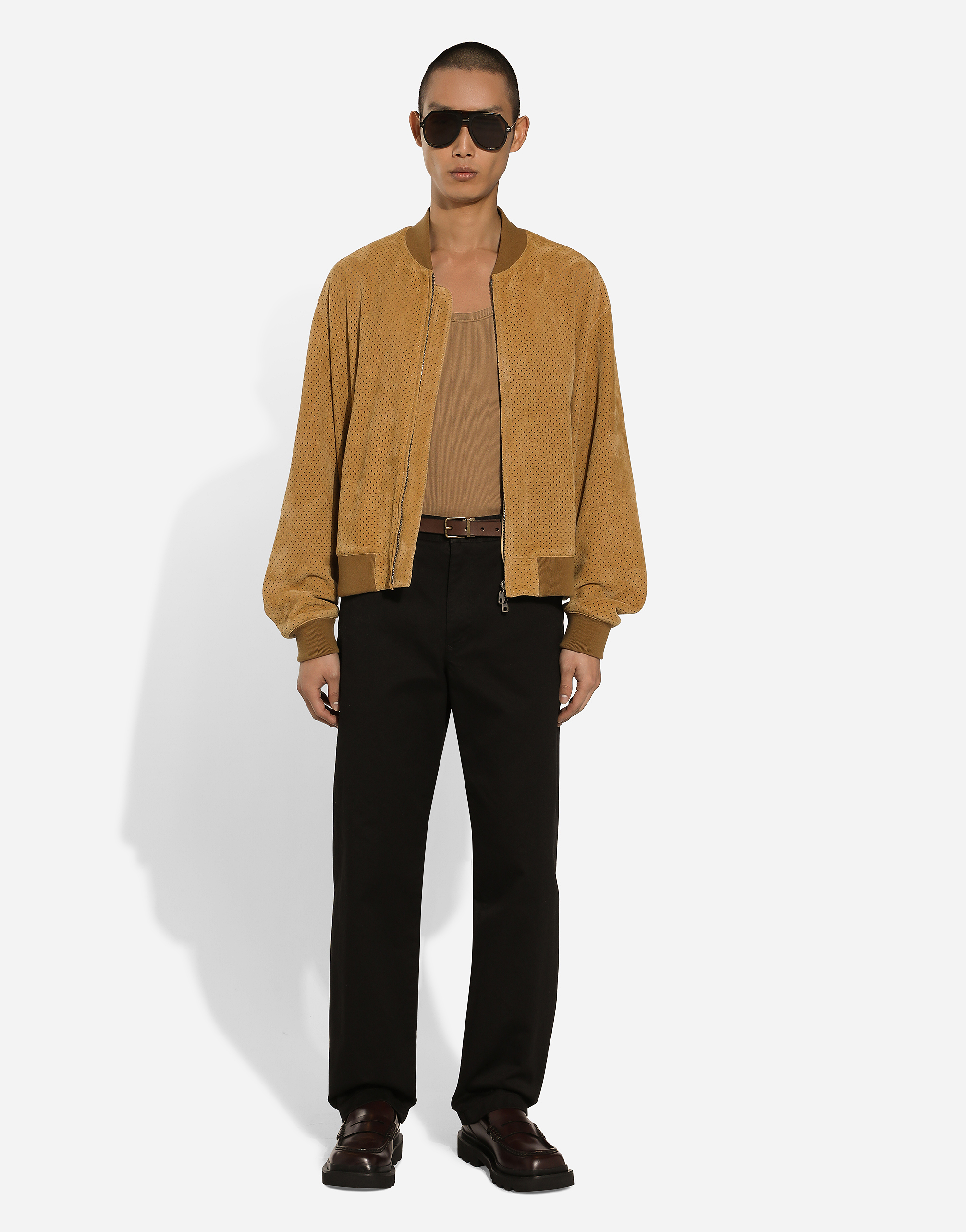 Dolce & Gabbana Perforated Suede Bomber Jacket In ベージュ