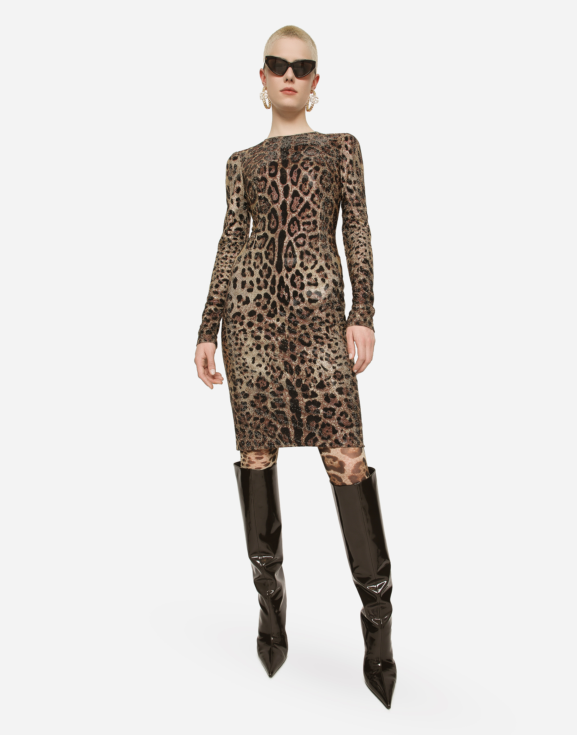DOLCE & GABBANA LEOPARD-PRINT JERSEY MIDI DRESS WITH FUSIBLE RHINESTONES