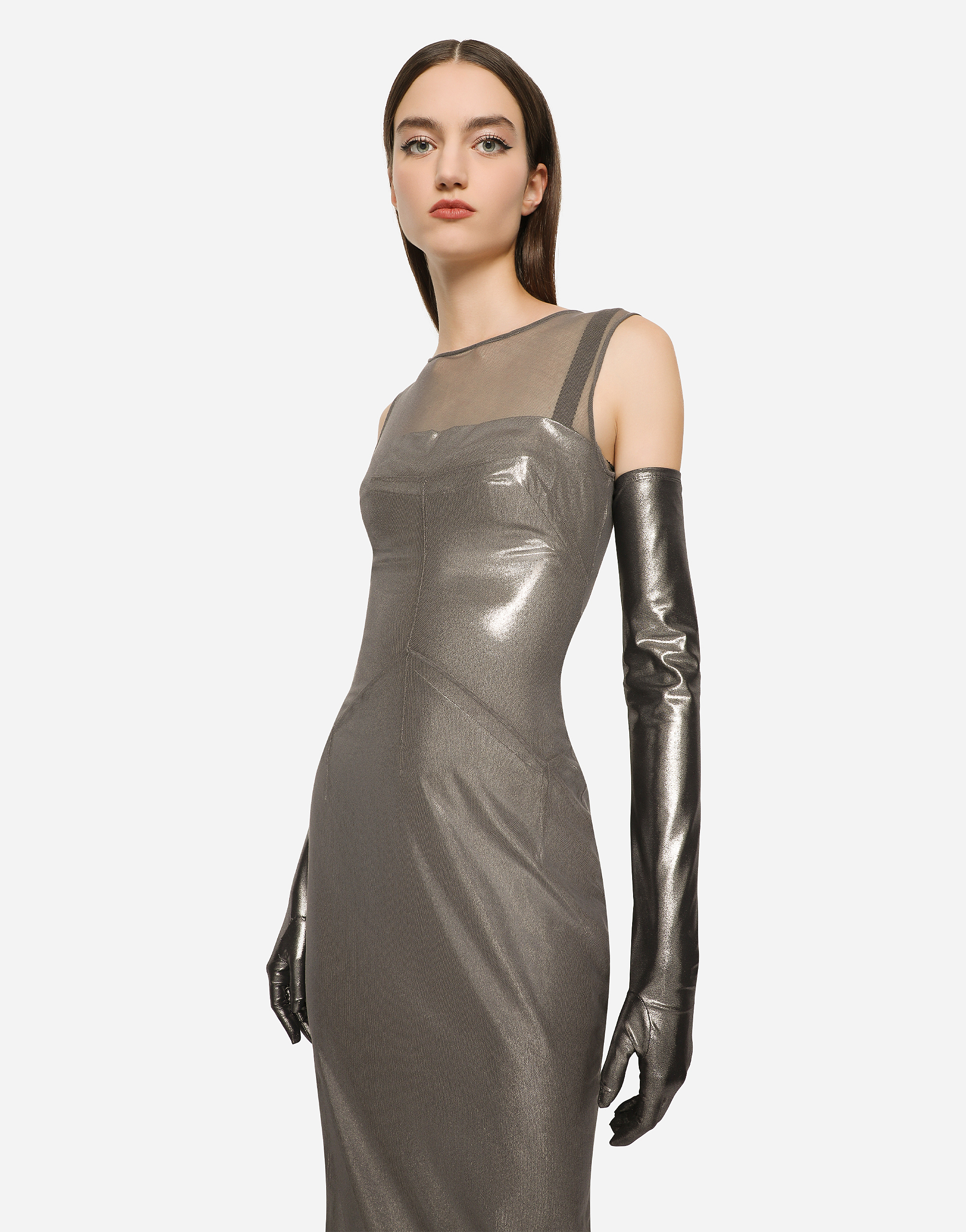 DOLCE & GABBANA KIM DOLCE&GABBANA LONG FOILED JERSEY AND TULLE DRESS